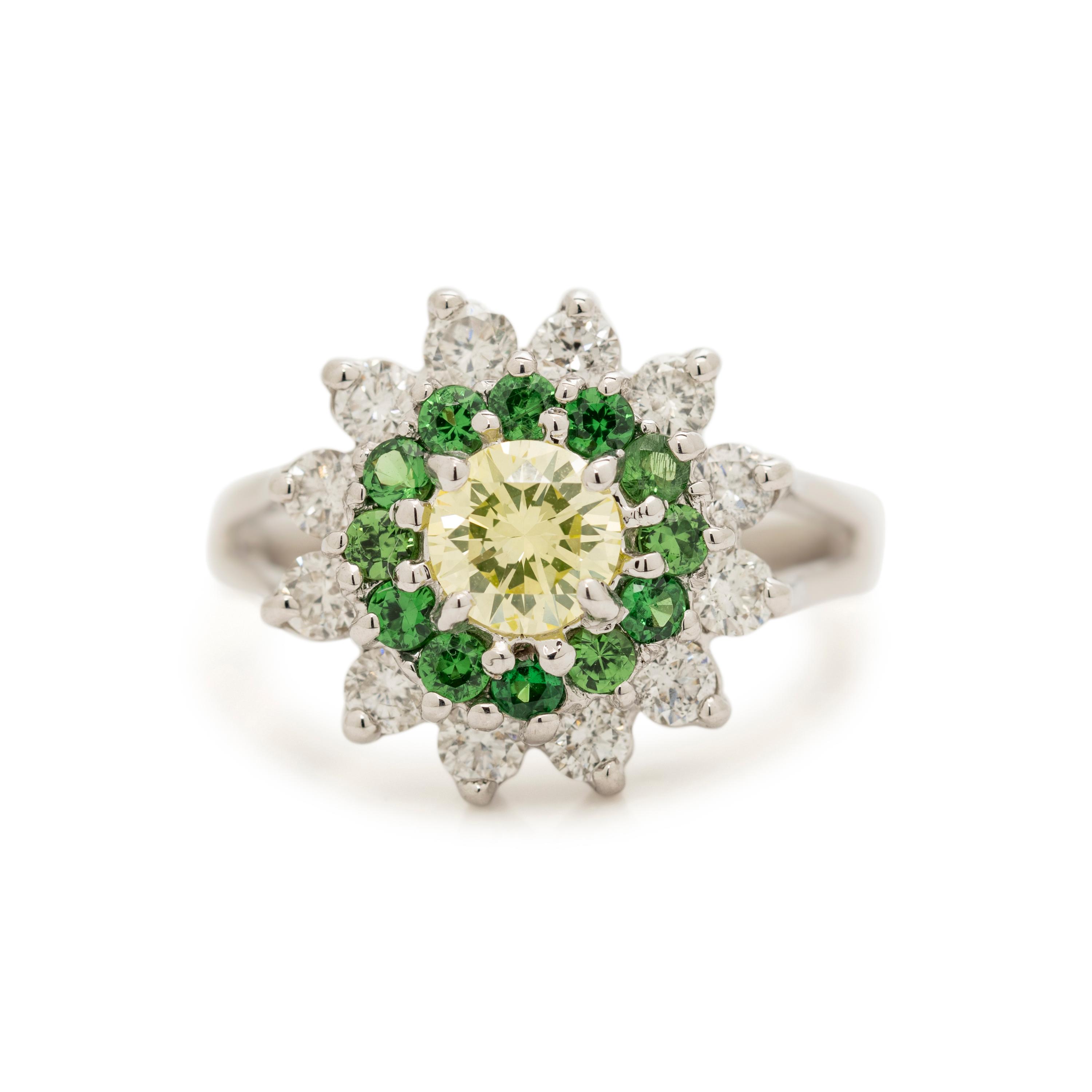 FANCY GREEN-YELLOW DIAMOND, TSAVORITE GARNET AND DIAMOND RING