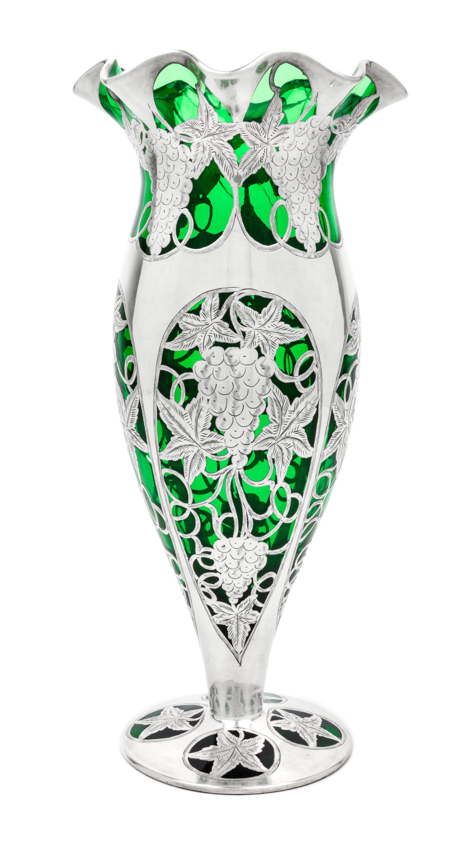 A Silver Overlay Glass Trumpet Vase Height 12 1/8 inches.