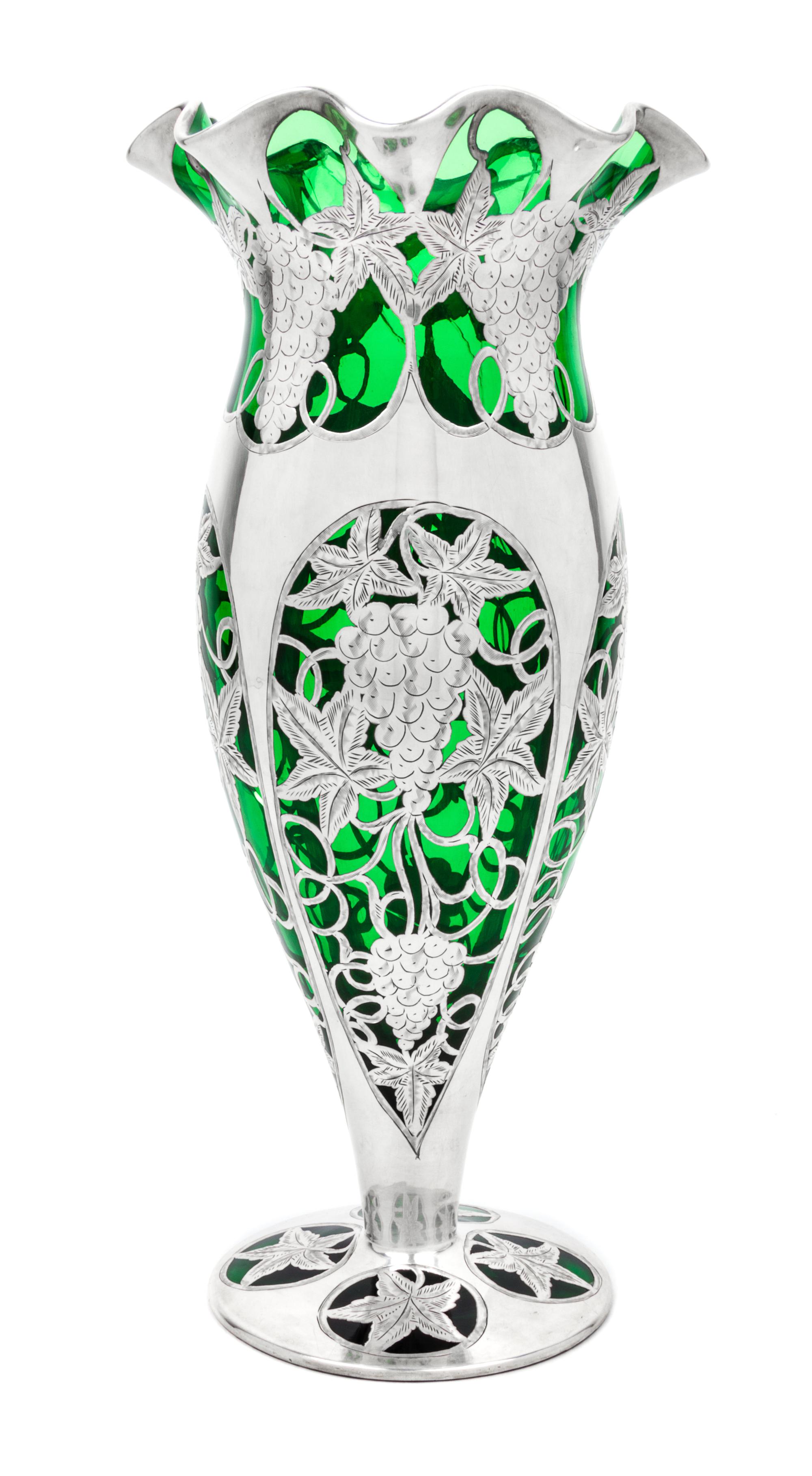 A Silver Overlay Glass Trumpet Vase Height 12 1/8 inches.