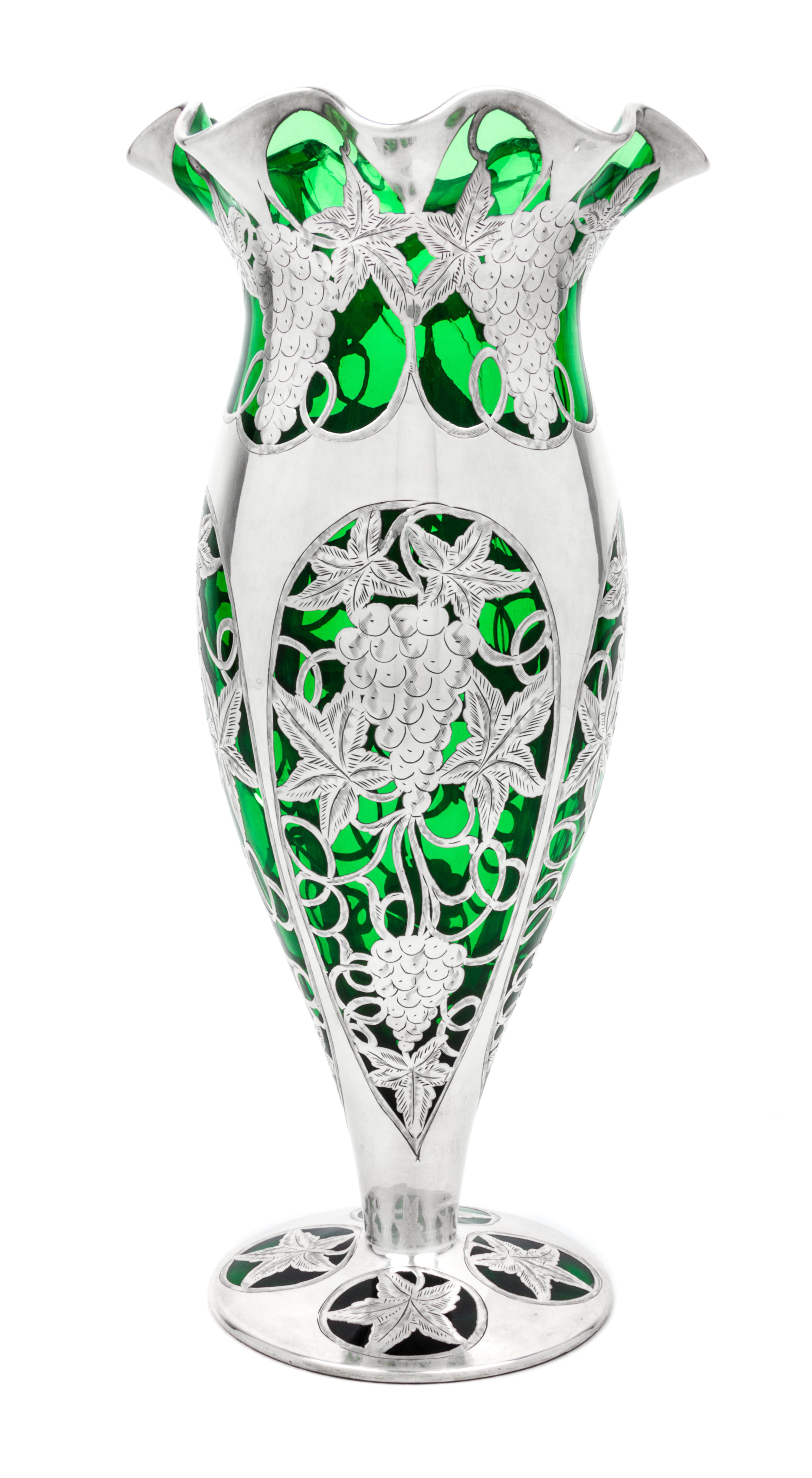A Silver Overlay Glass Trumpet Vase Height 12 1/8 inches.