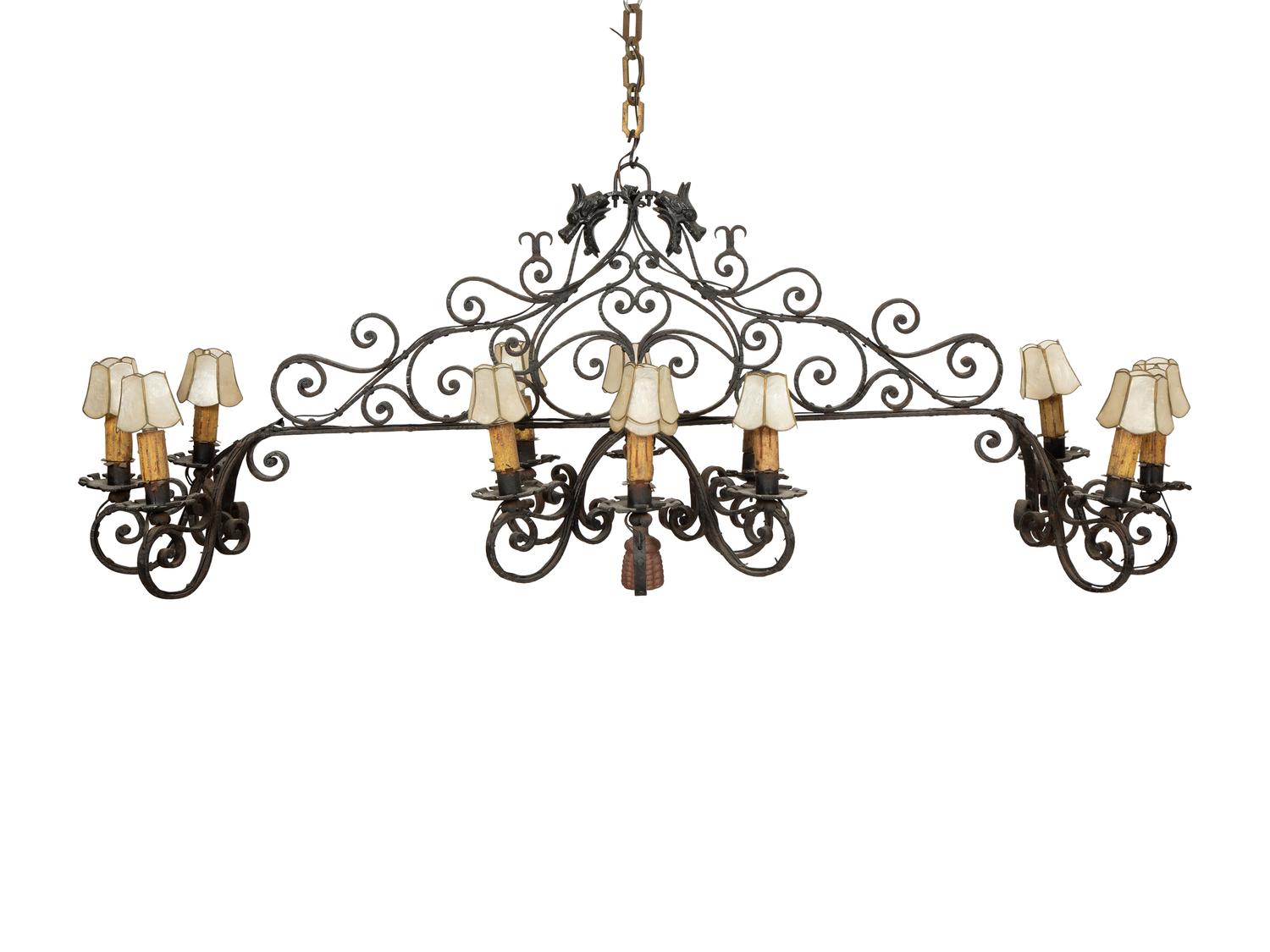A Mizner Wrought Iron Twelve-Light Billiard Chandelier
