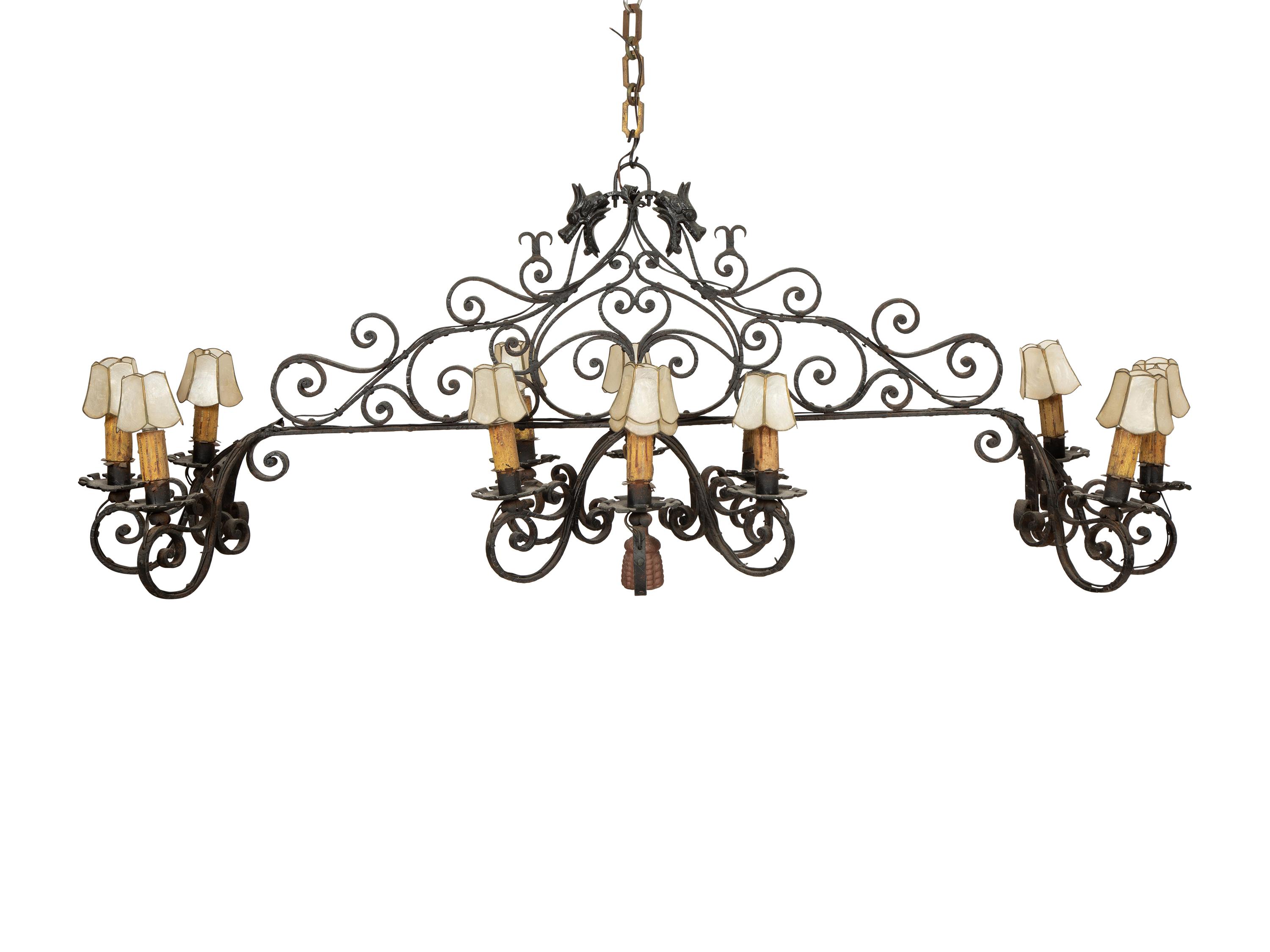 A Mizner Wrought Iron Twelve-Light Billiard Chandelier