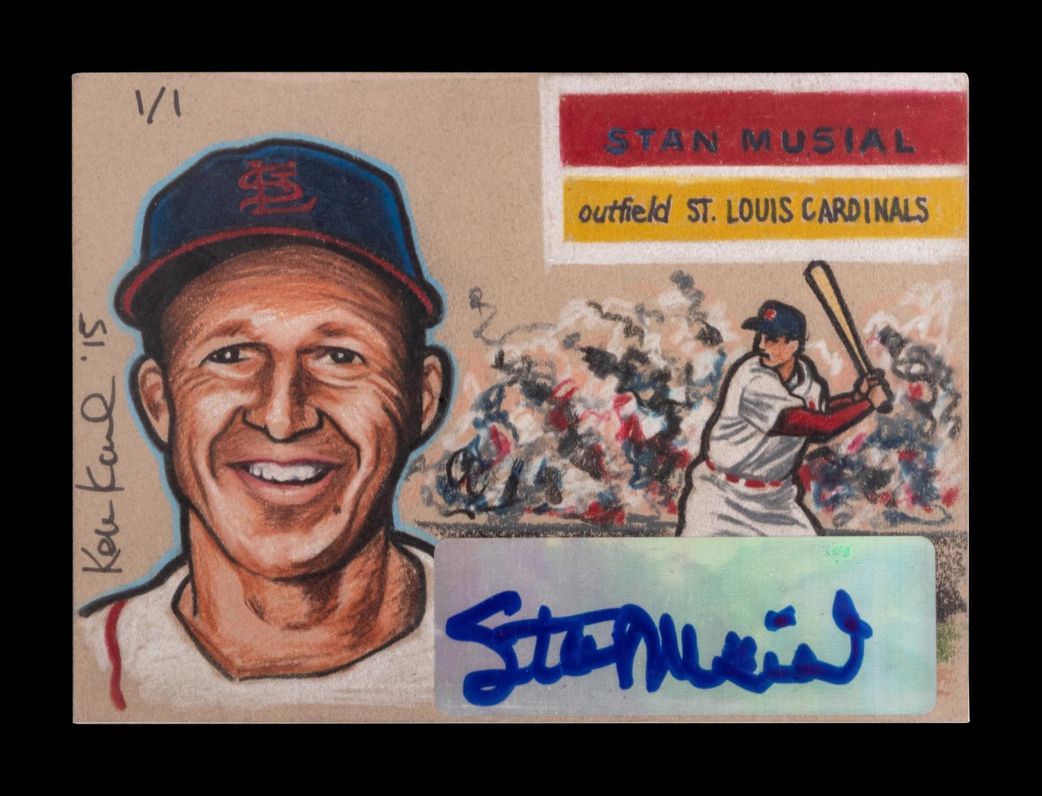 A Group of Four Ken Karl Original Hand Drawn Stan Musial Sketch Baseball Cards with Musial Signed Autograph Stickers