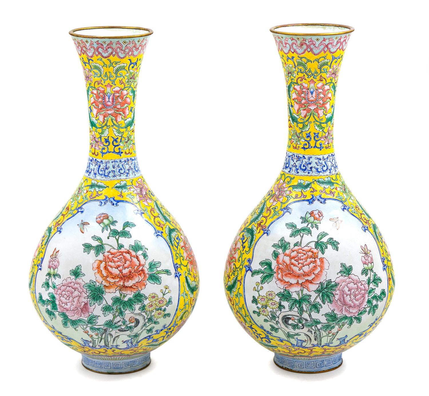A Pair of Chines Canton Painted Enamel Vases