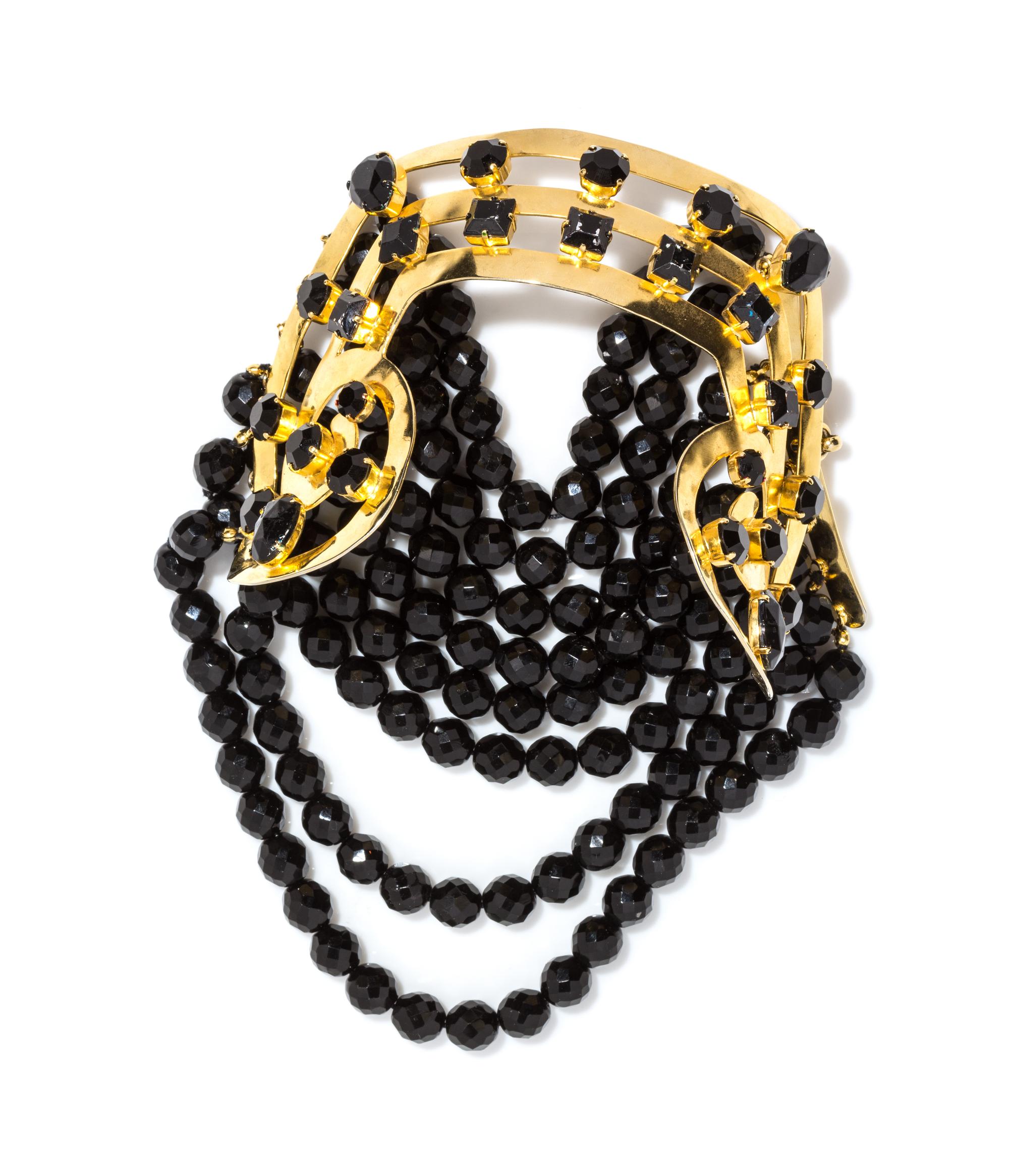 A Gianni Versace Runway Hair Ornament and Matching Earclips, Hair cuff: 7" x 1.75"- 4.25"; Bead Drop: 6".