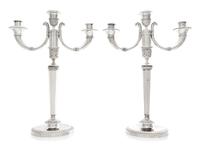 A Pair of French Silver Three-Light Candelabra, Maker's Mark CBA, 19th Century, the stem of faceted tapering form issuing two scrolling