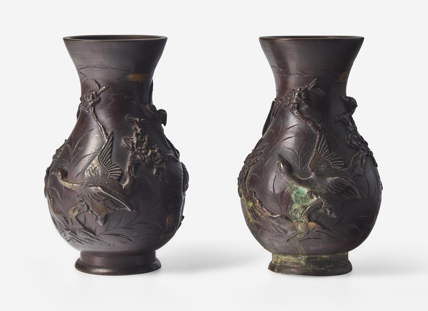 A Pair of Japanese Patinated Bronze Vases