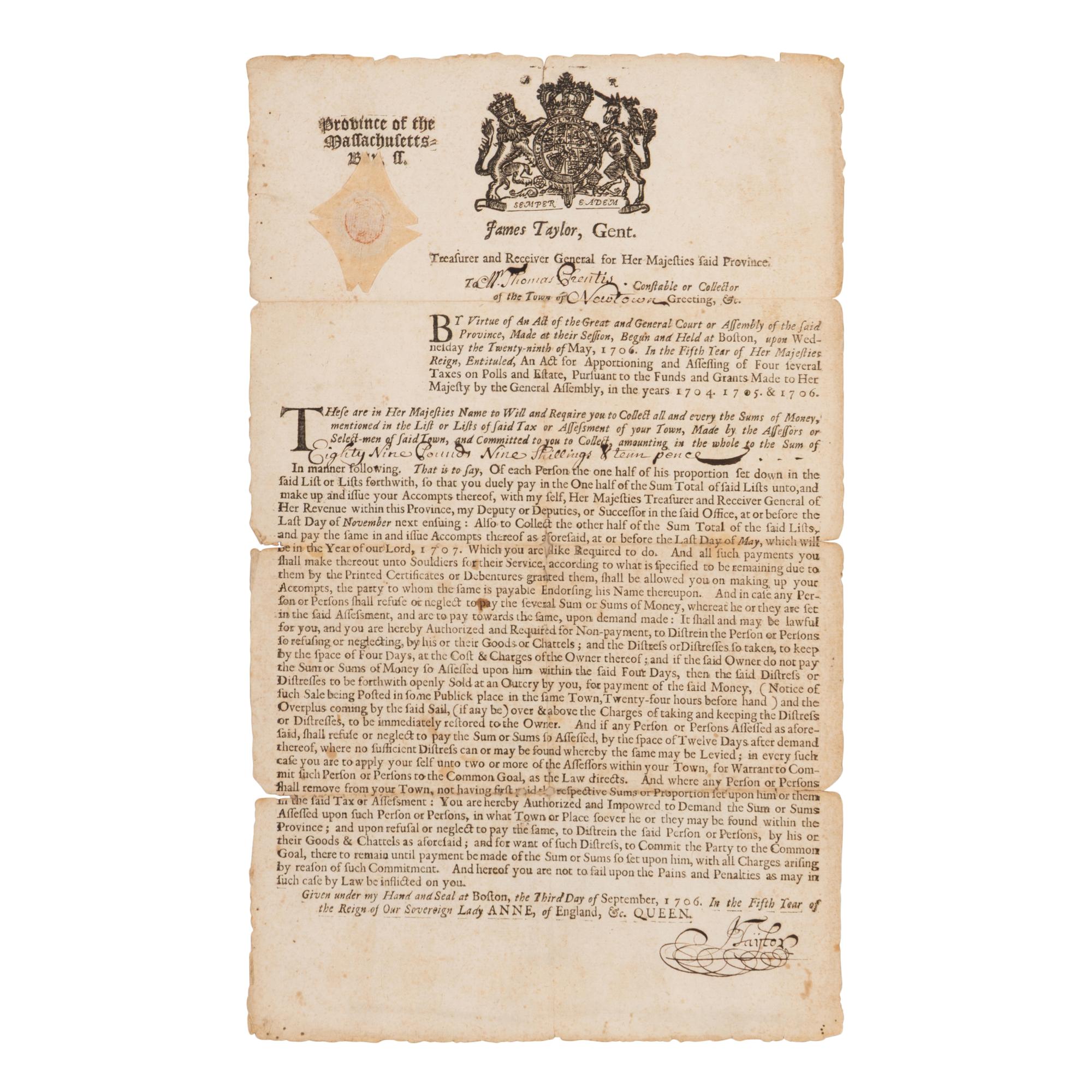 [Americana] [Green Bartholomew] Partially-Printed Massachusetts Tax Collector Broadside