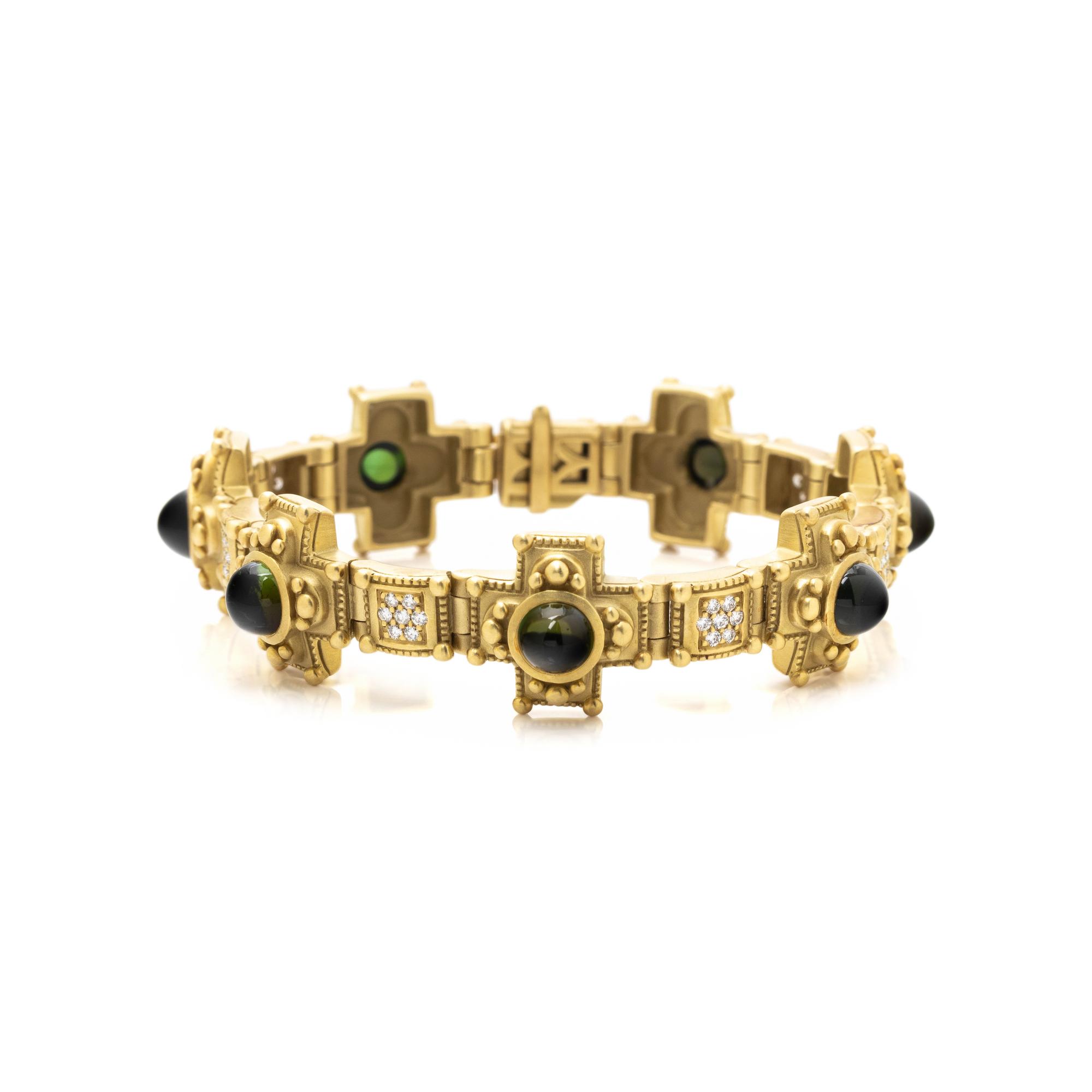 KIESELSTEIN-CORD, YELLOW GOLD, GREEN TOURMALINE AND DIAMOND BRACELET
