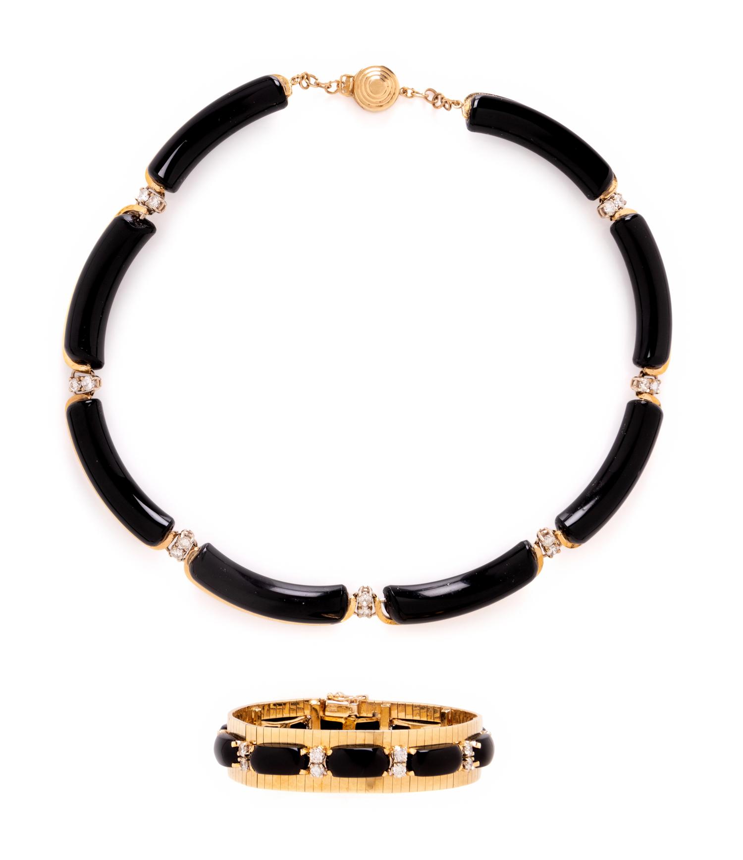 BLACK ONYX AND DIAMOND BRACELET AND NECKLACE SET