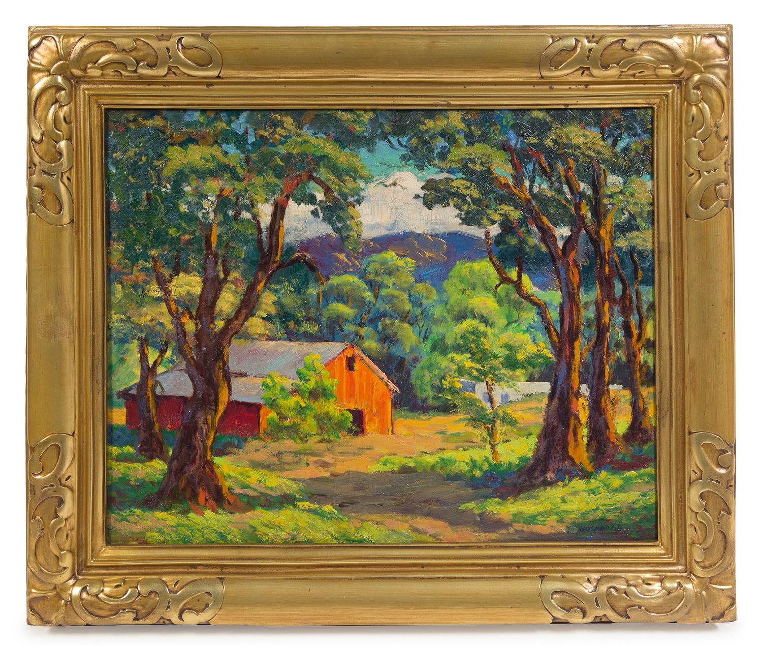 Stephen de Hospodar, (American, 1902-1959), Orange Barn in Fall Landscape
