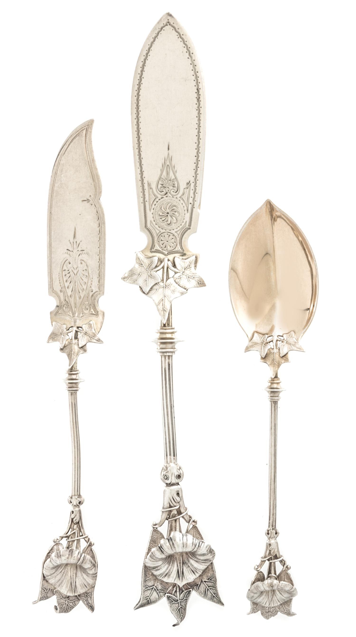 Three American Silver Flatware Servers, Gorham Mfg. Co., Providence, RI, Circa 1865, Morning Glory pattern, one retailed by Tiffany & C