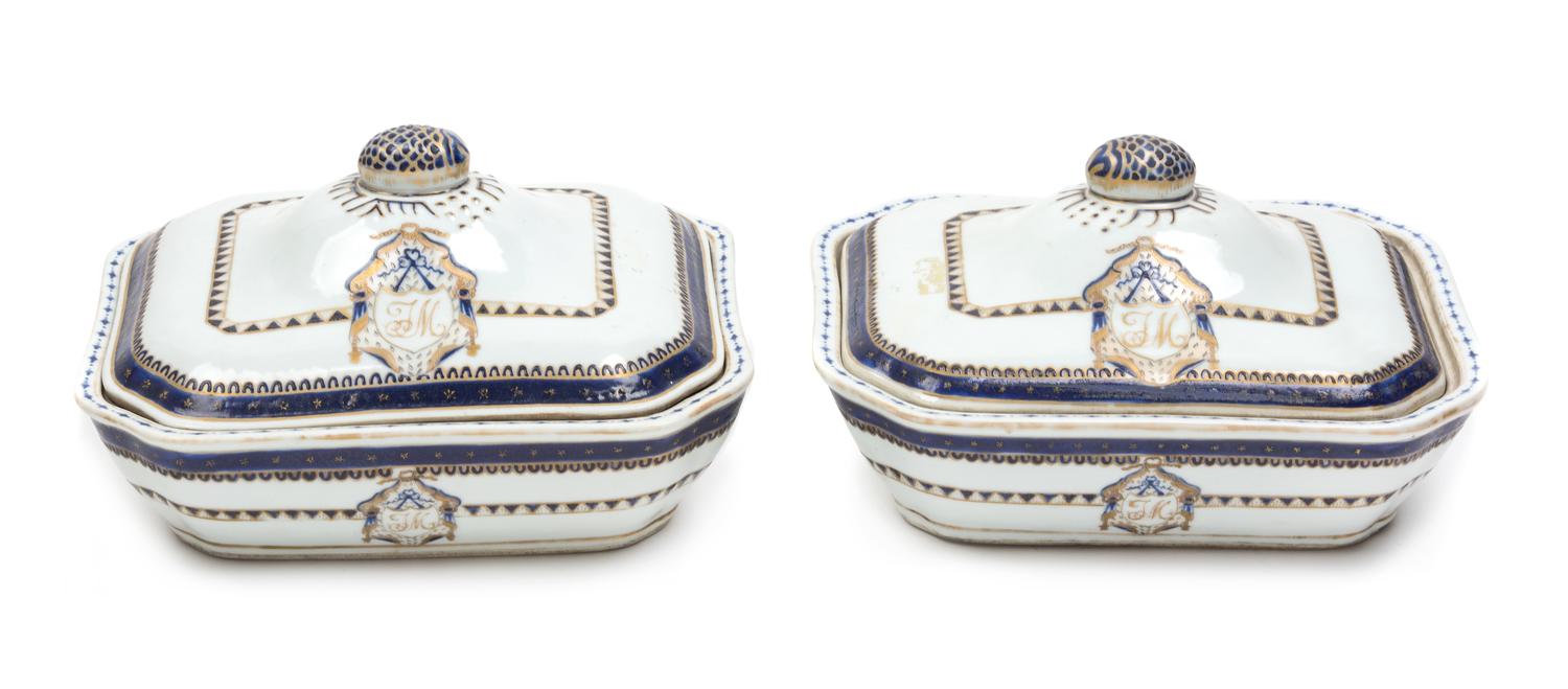 A Pair of Chinese Export "Initialle" Porcelain Vegetable Dishes and Covers