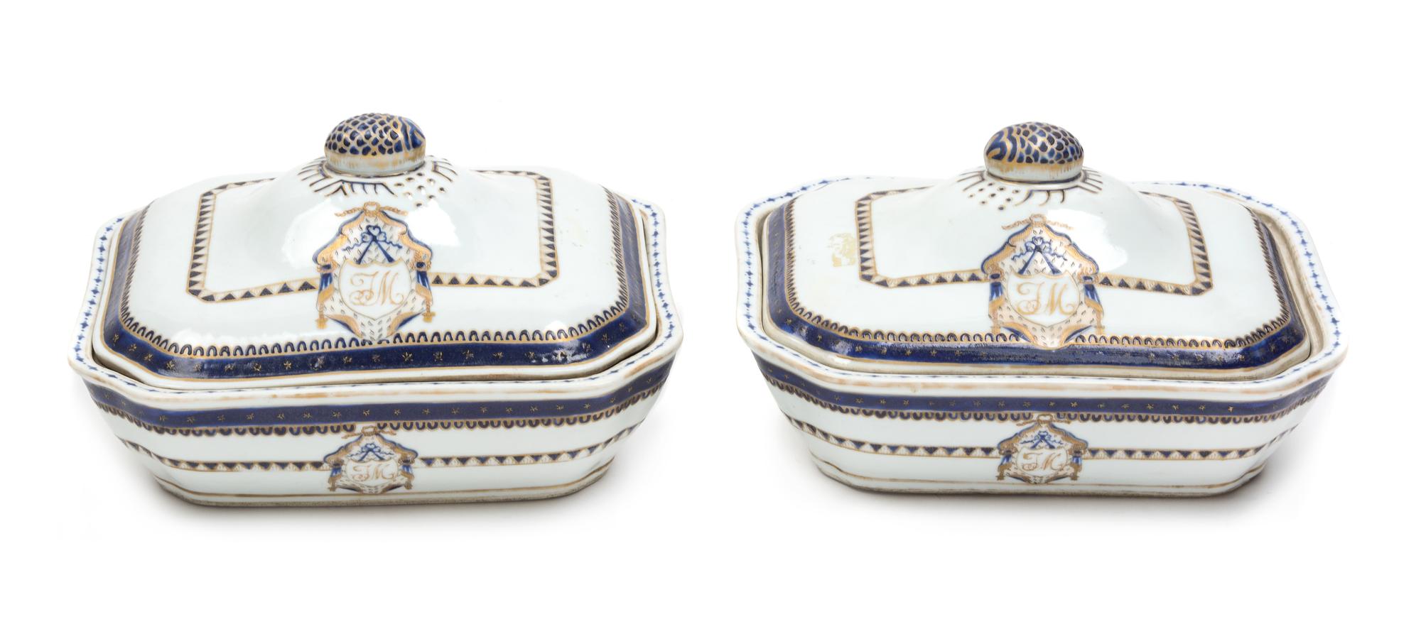 A Pair of Chinese Export "Initialle" Porcelain Vegetable Dishes and Covers