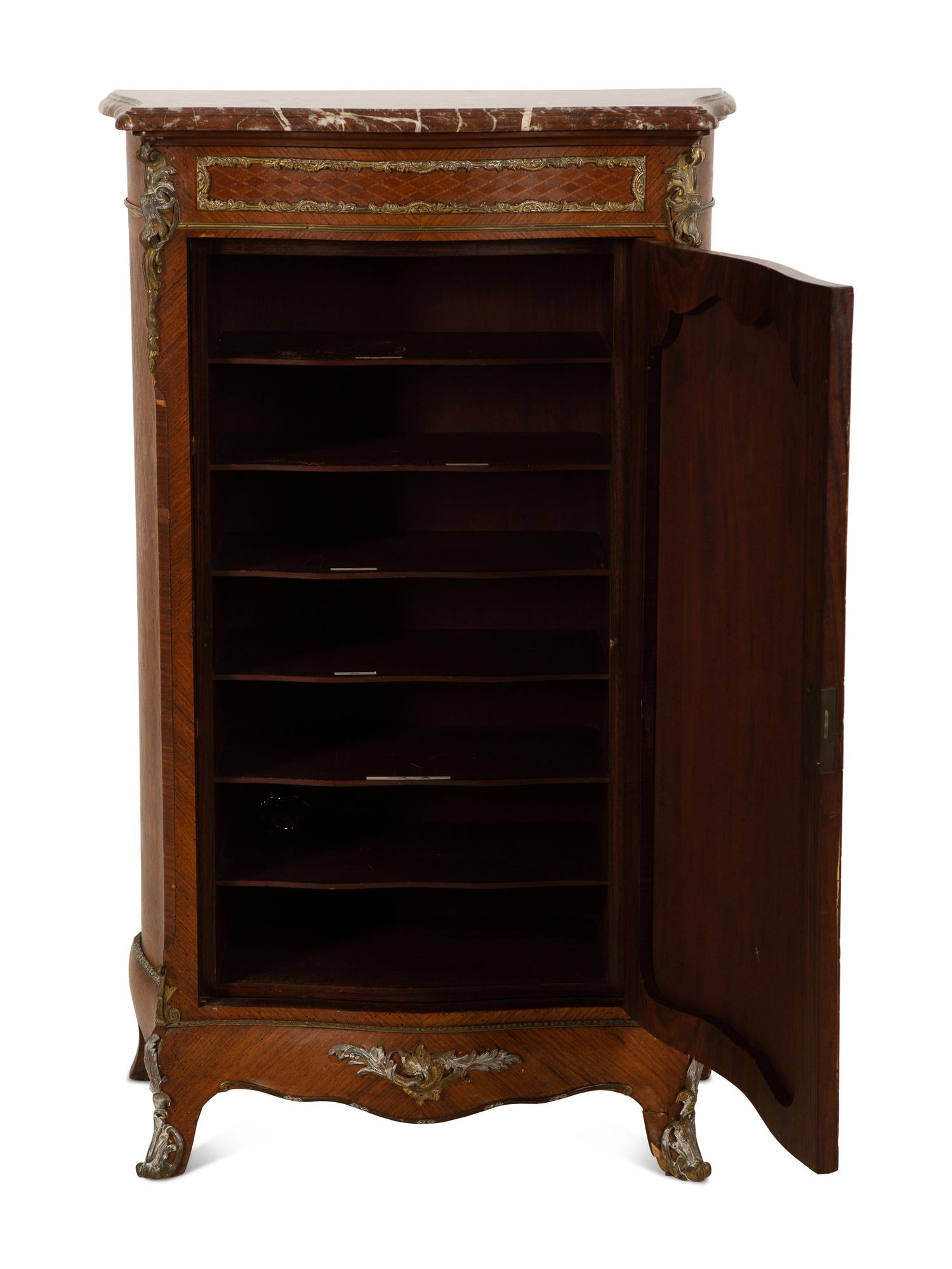 A Louis XV Style Gilt Bronze Mounted Parquetry and Vernis Martin Marble-Top Cabinet