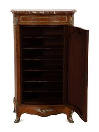 A Louis XV Style Gilt Bronze Mounted Parquetry and Vernis Martin Marble-Top Cabinet