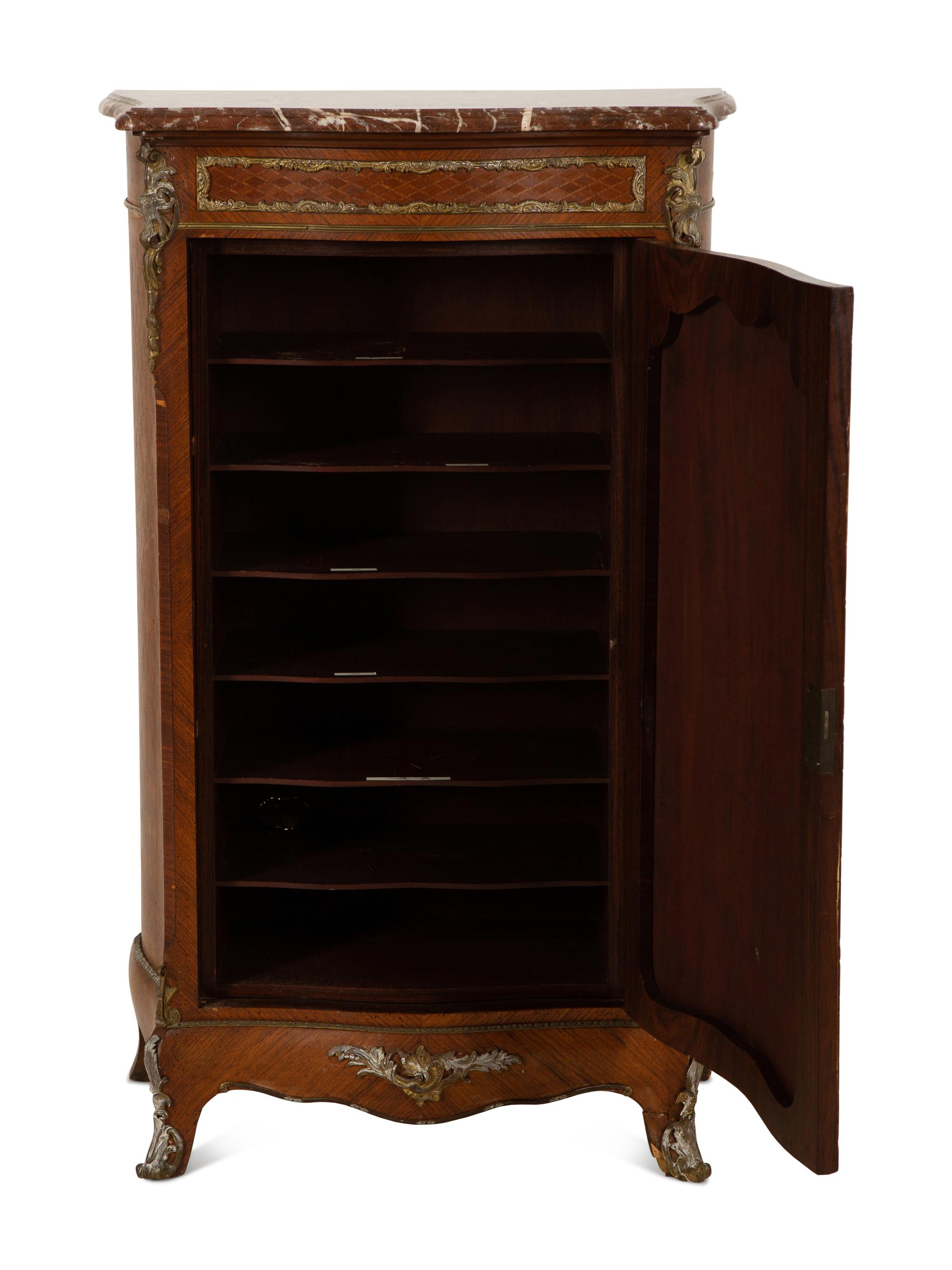 A Louis XV Style Gilt Bronze Mounted Parquetry and Vernis Martin Marble-Top Cabinet