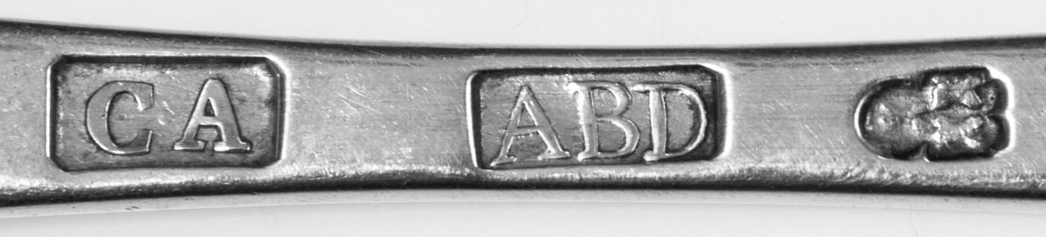 A Group of Five Georgian Silver Serving Spoons, Various Makers, comprising a George III serving spoon with an Old English handle, Thoma