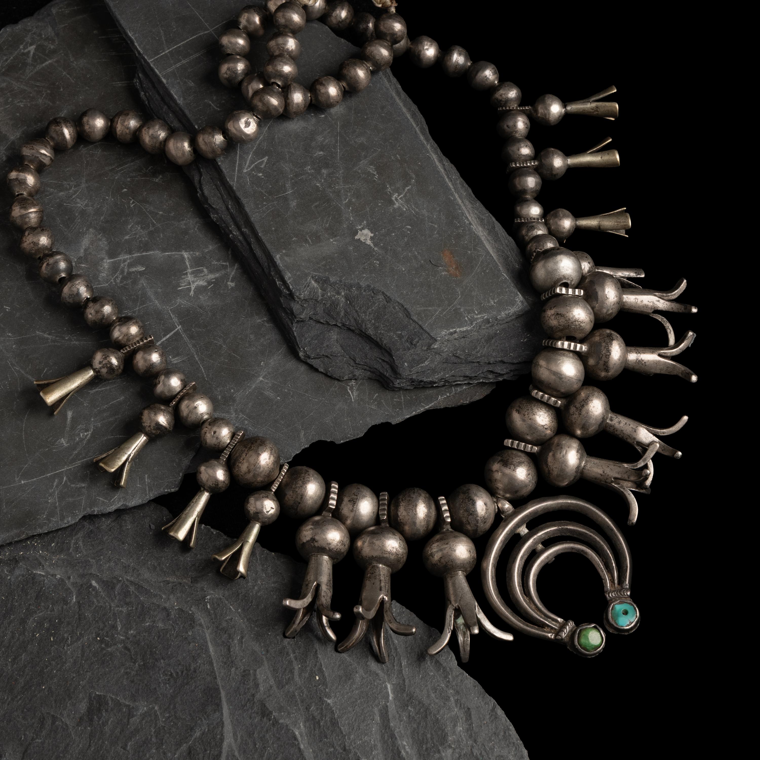 Early Navajo Ingot and Turquoise Squash Blossom Necklace