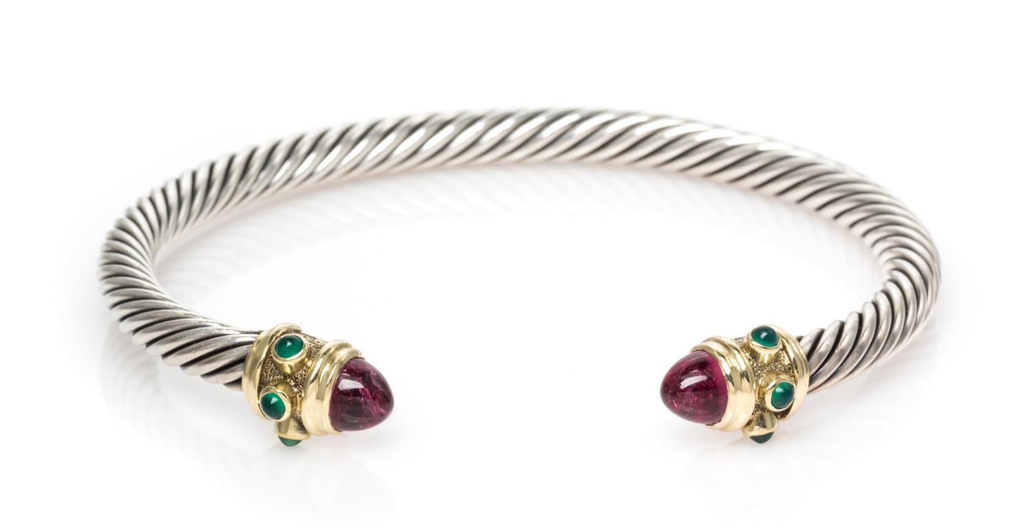 A Sterling Silver, 14 Karat Yellow Gold, Pink Tourmaline and Green Onyx 'Renaissance' Bracelet, David Yurman, 19.80 dwts.