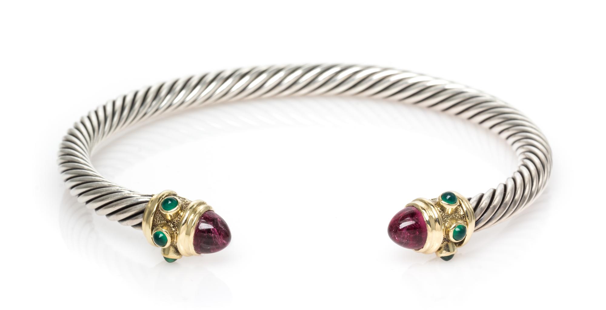 A Sterling Silver, 14 Karat Yellow Gold, Pink Tourmaline and Green Onyx 'Renaissance' Bracelet, David Yurman, 19.80 dwts.