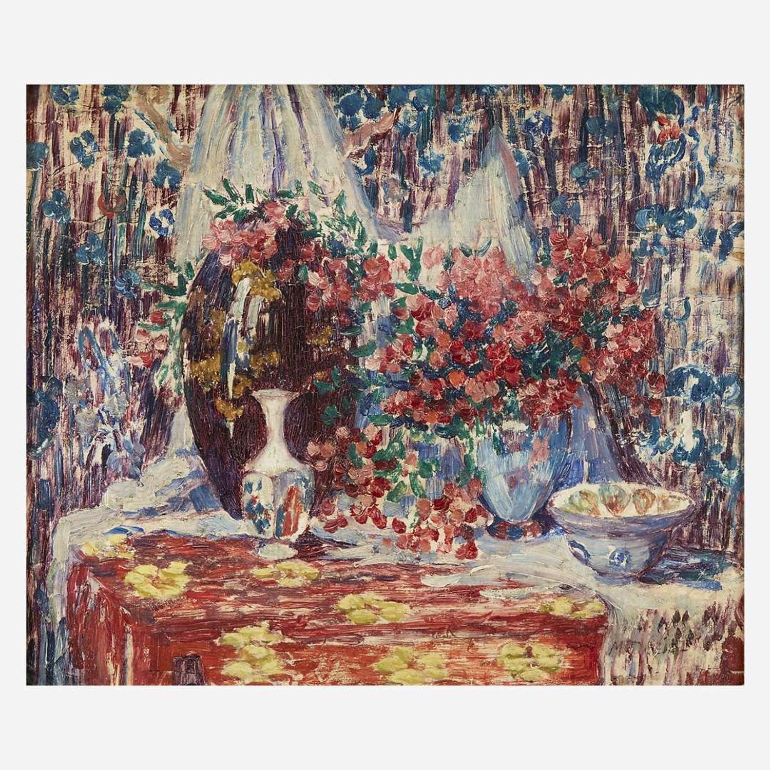 Maude Drein Bryant (American, 1880–1946) Still Life with Flowers, Vases and Bowls on a Commode Against a Drapery