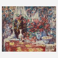 Maude Drein Bryant (American, 1880–1946) Still Life with Flowers, Vases and Bowls on a Commode Against a Drapery