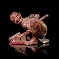 A Small Japanese Carved and Painted Wood 'Ratcatcher' Okimono 日本著物一件