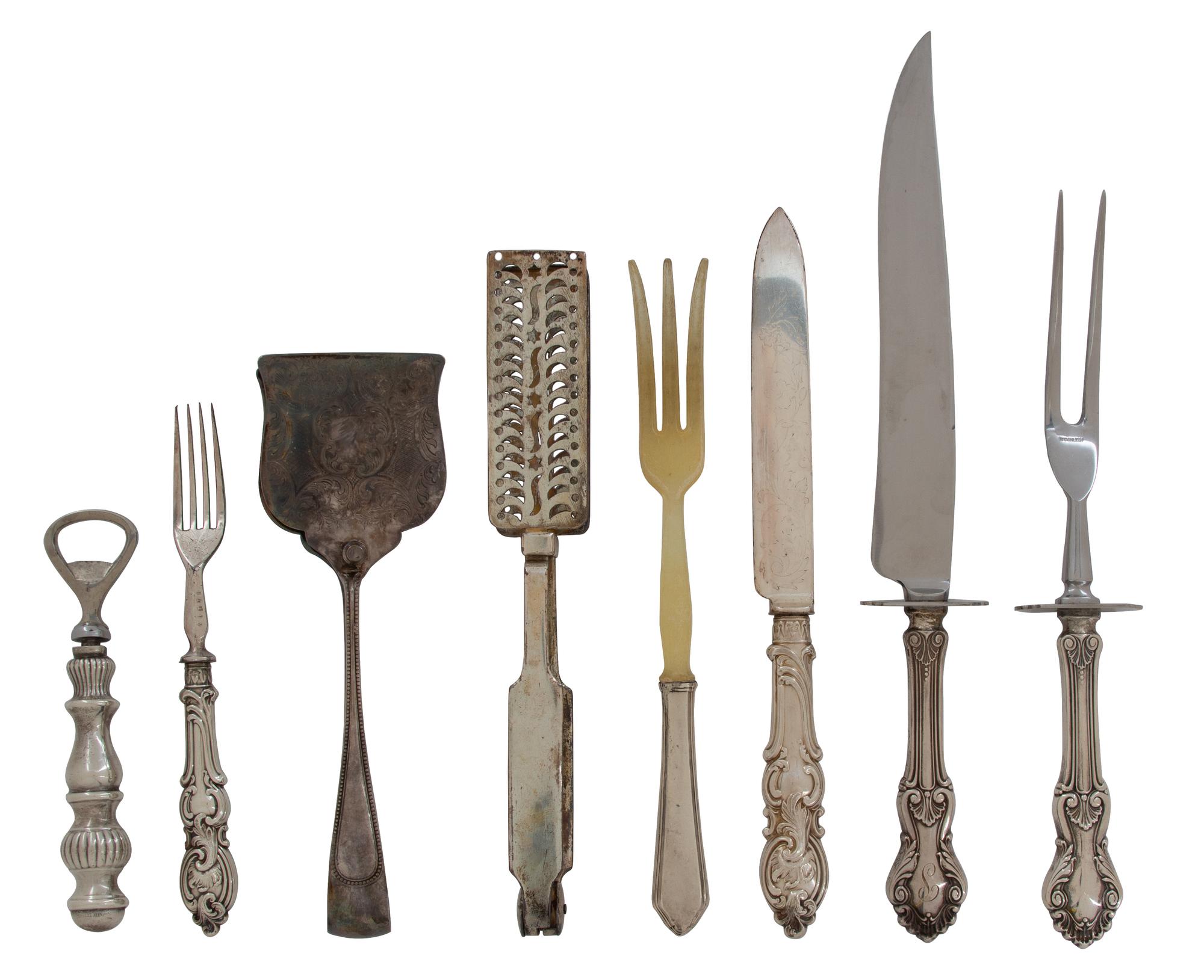 A Set of Eight Silver Serving Items, Various Makers, 20th Century, in various patterns, comprising serving knives, cake servers, bottle