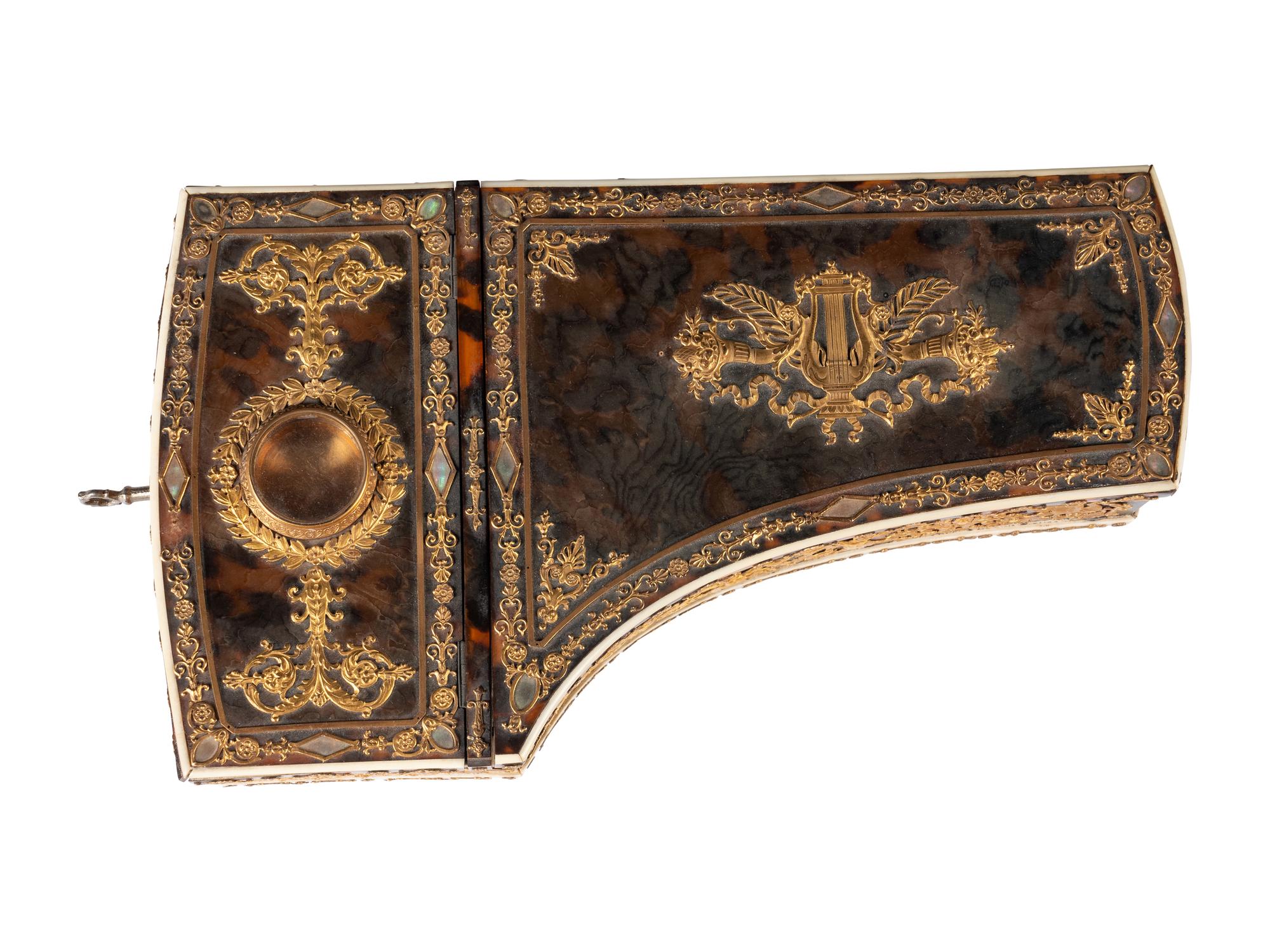 A Palais Royal Gilt Metal Mounted Tortoise Shell Piano Form Nécessaire Case