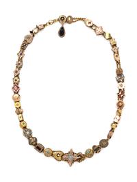 A Gold, Mixed Metal, Gemstone, and Synthetic Gemstone Charm Necklace,