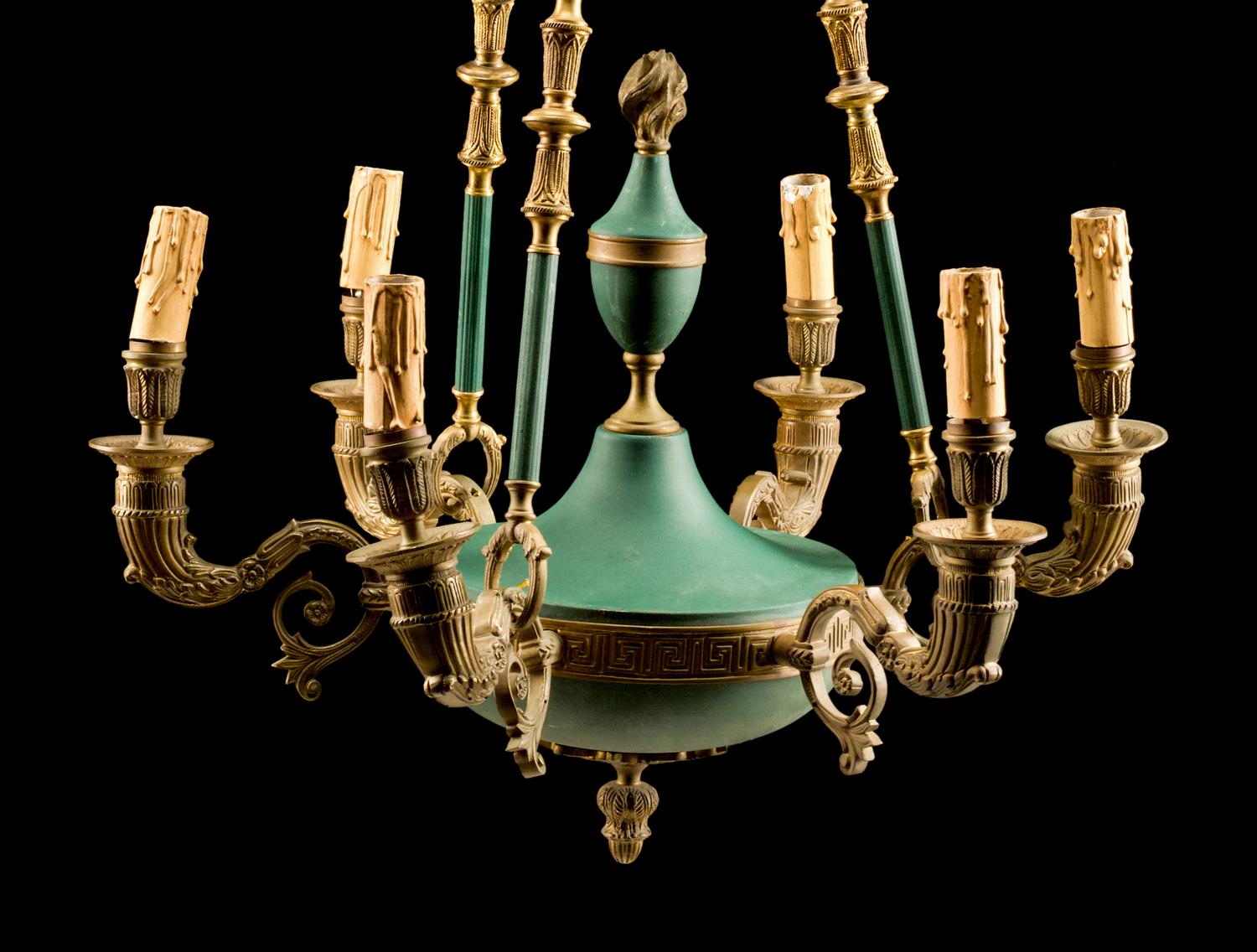 A Pair of Empire Style Six-Light Chandeliers