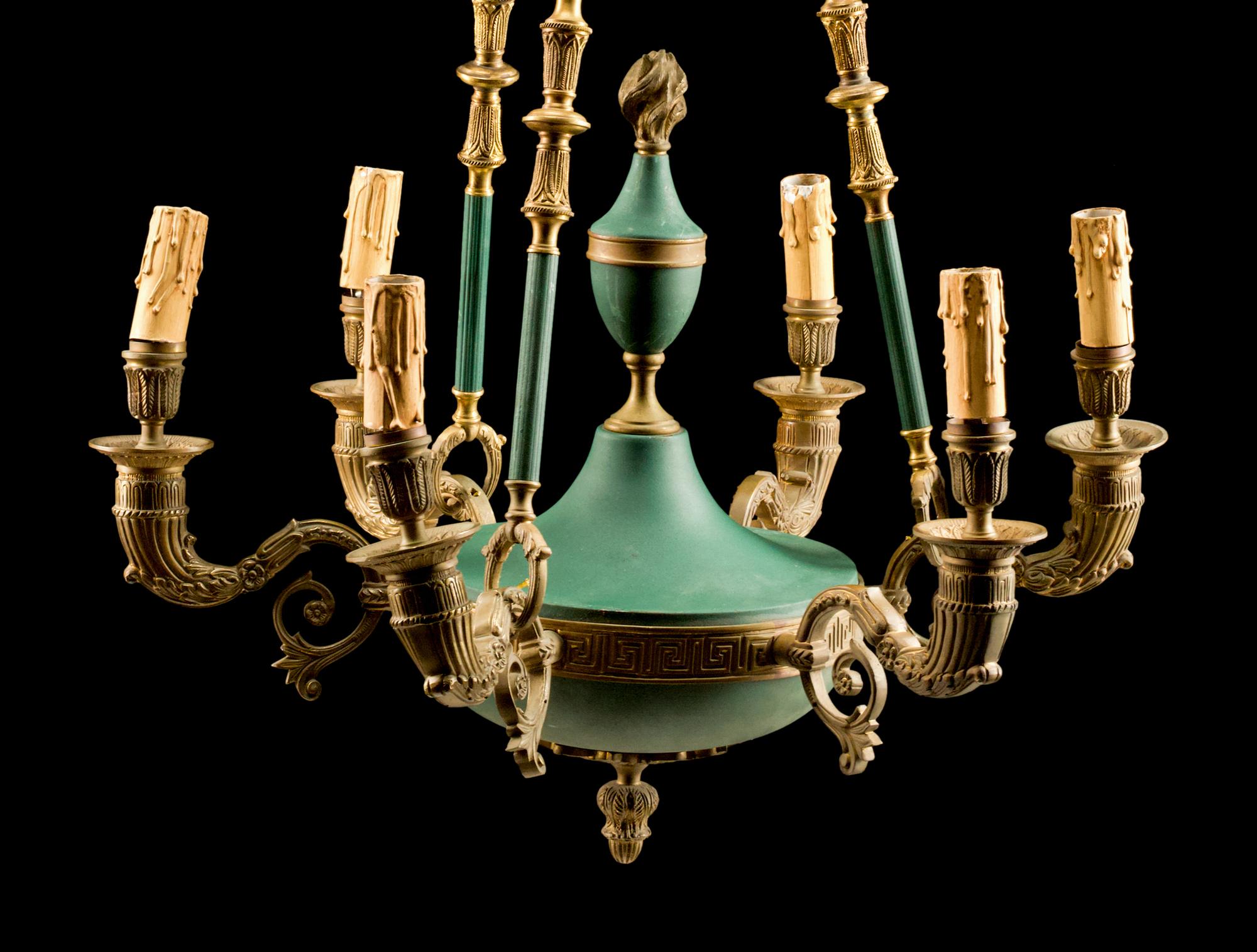 A Pair of Empire Style Six-Light Chandeliers