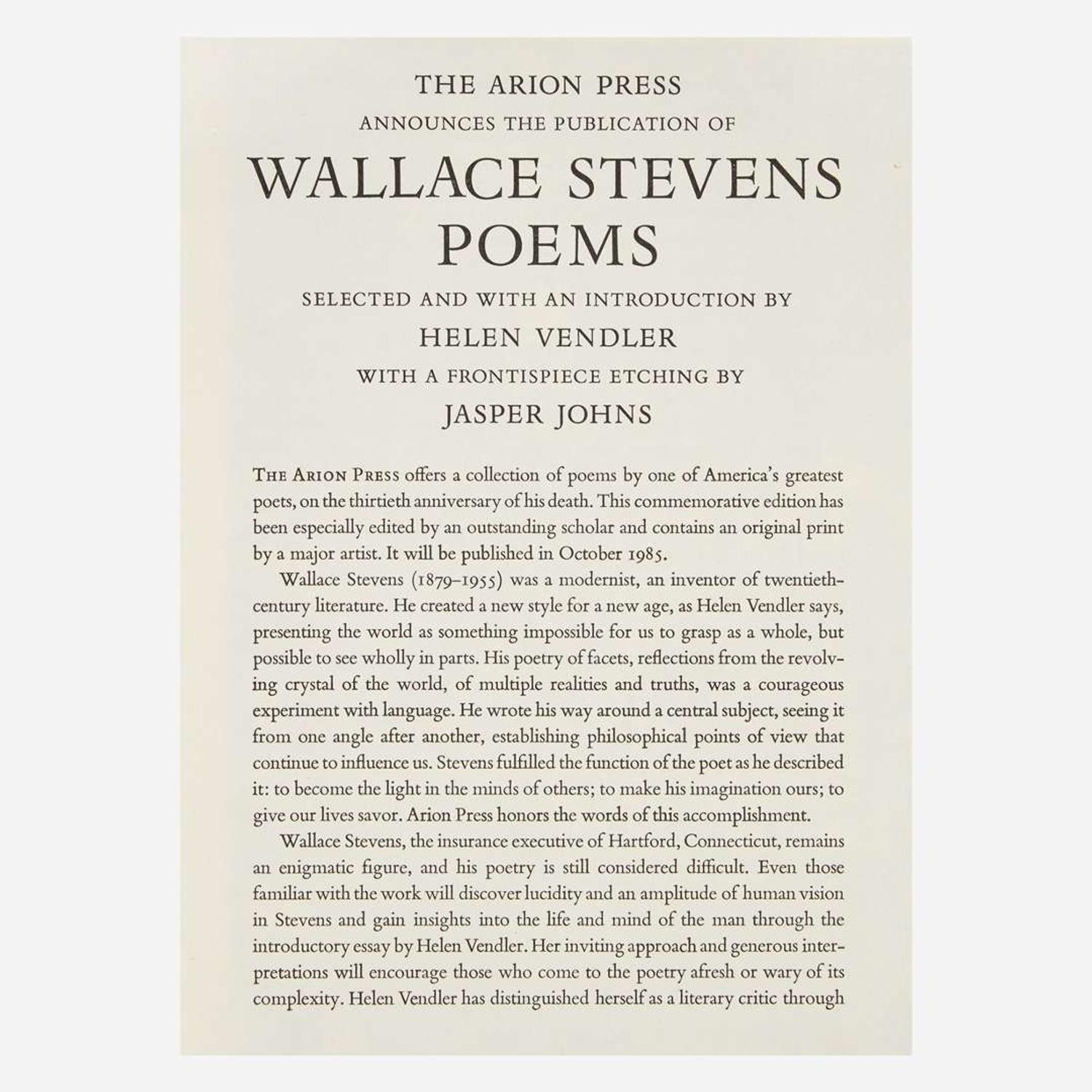 [Private Press] [Arion Press, The] Stevens, Wallace, and Jasper Johns Poems