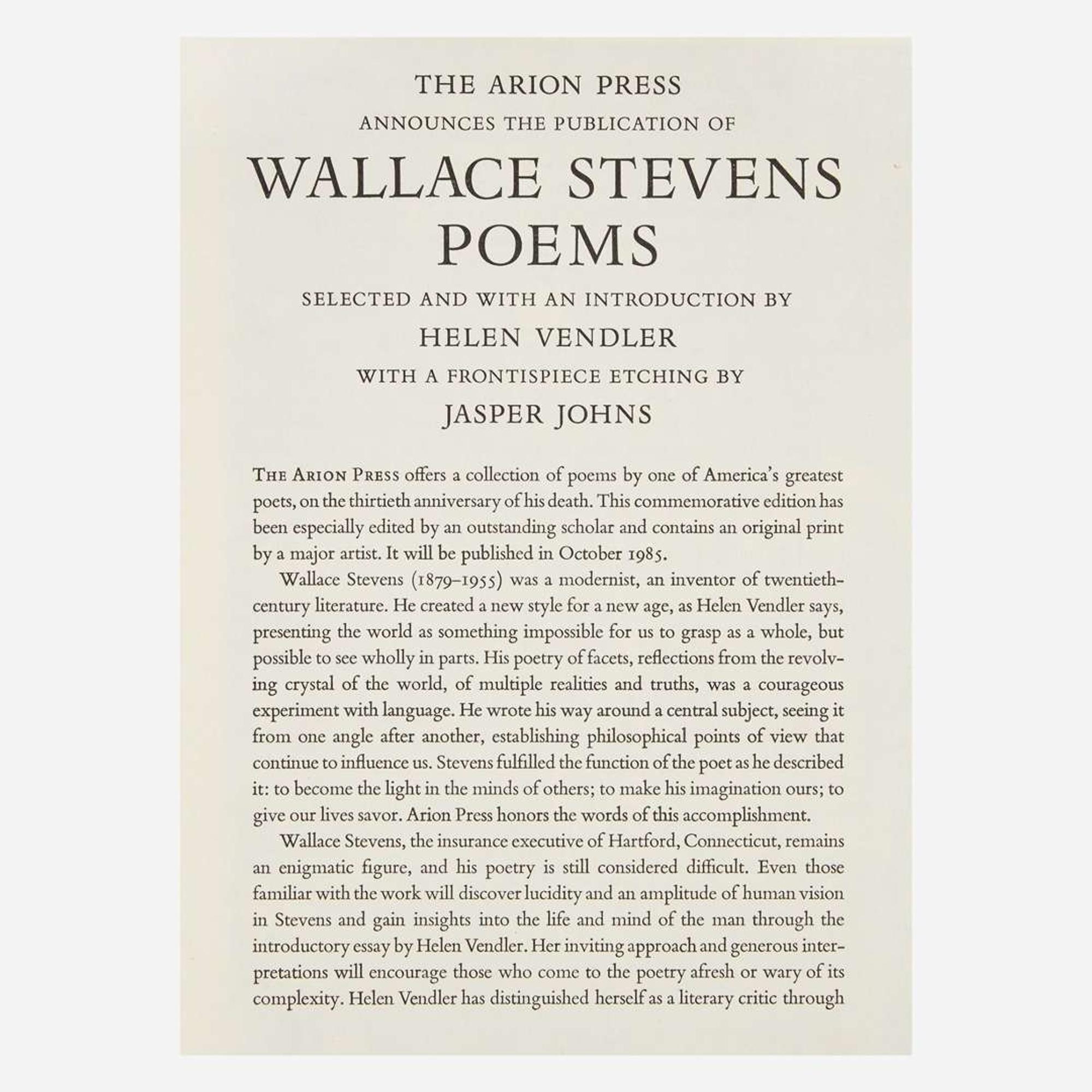 [Private Press] [Arion Press, The] Stevens, Wallace, and Jasper Johns Poems