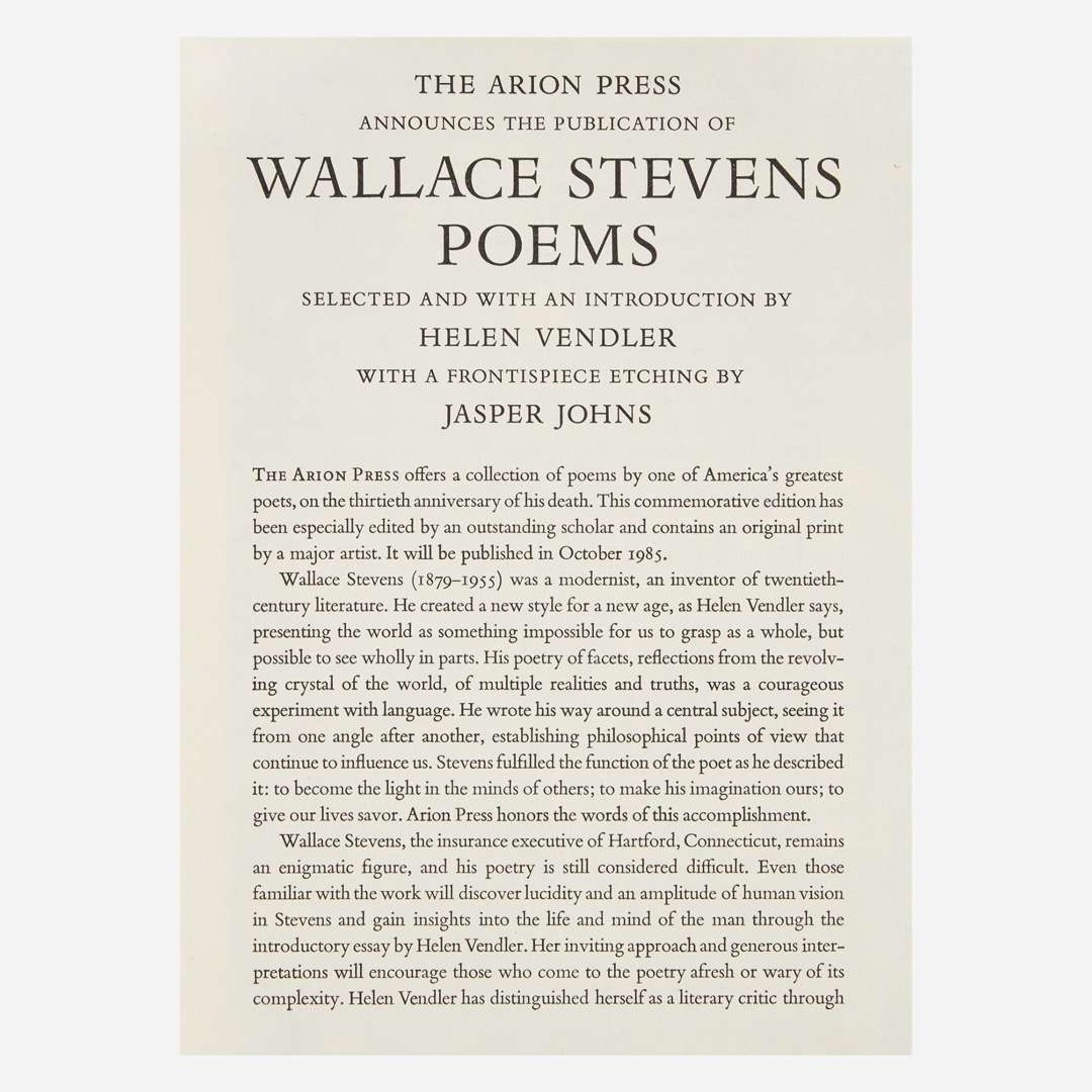 [Private Press] [Arion Press, The] Stevens, Wallace, and Jasper Johns Poems