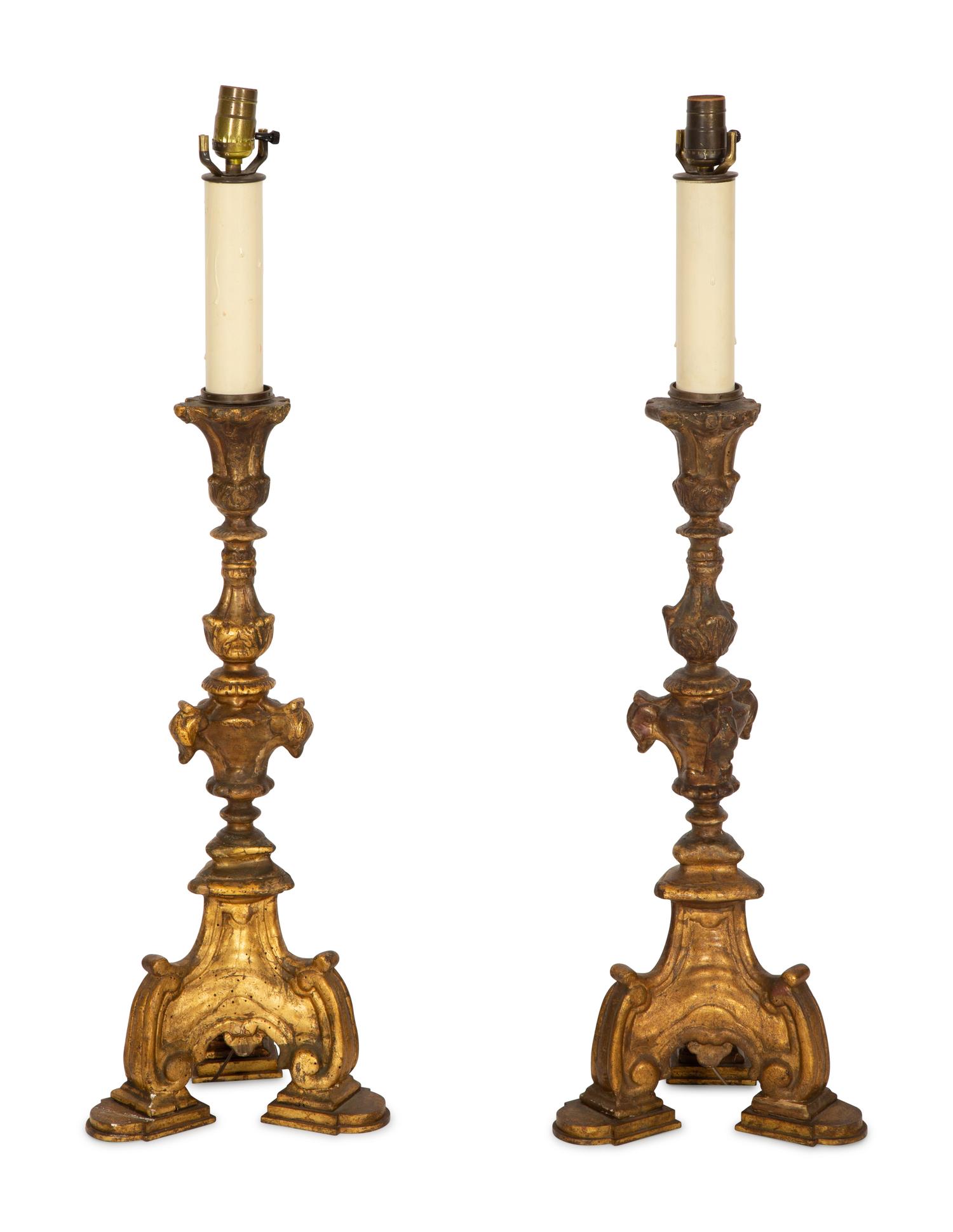 A Pair of Italian Baroque Style Pricket Sticks Mounted as Lamps