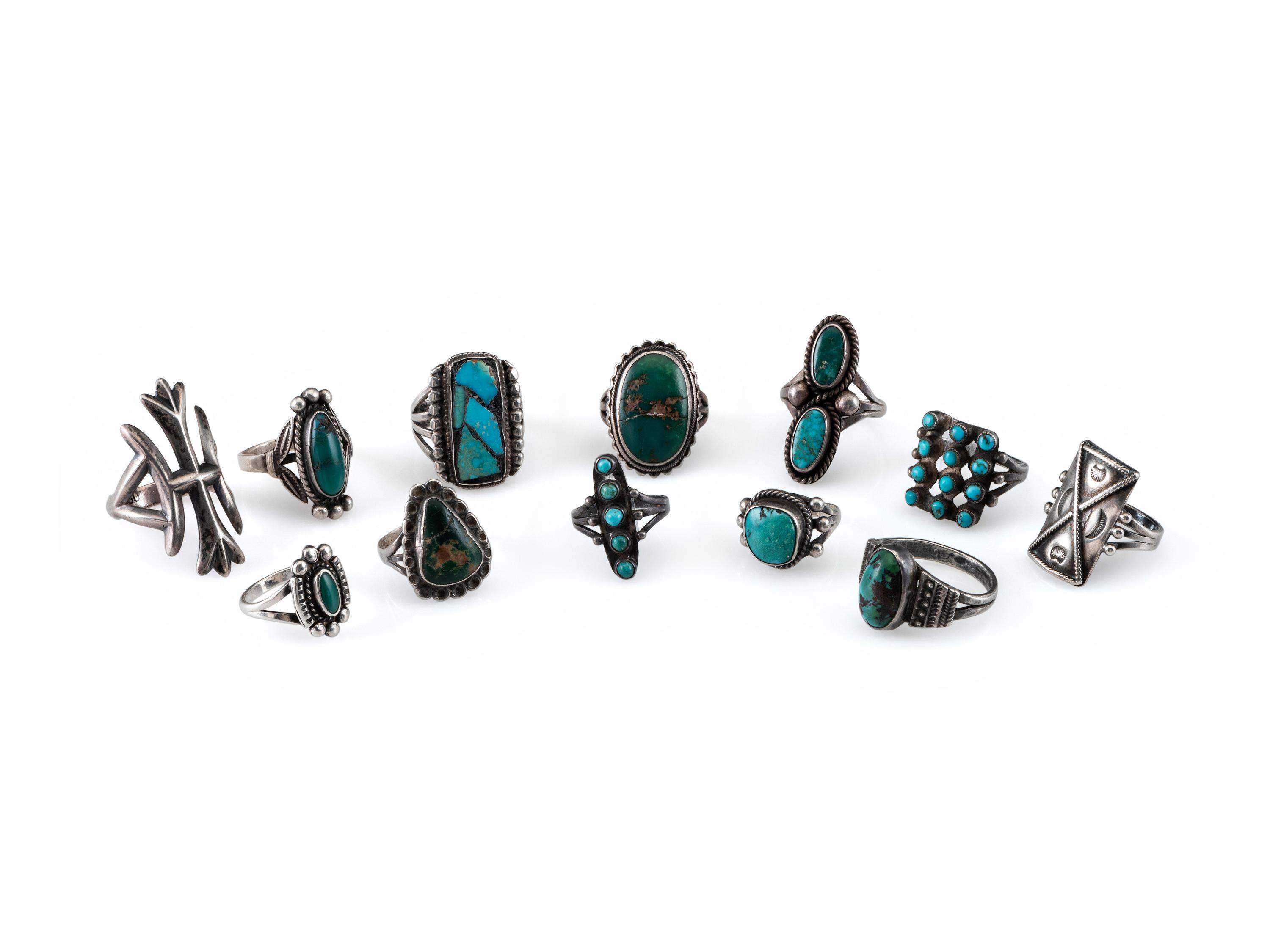 An Assortment of Navajo and Zuni Silver and Turquoise Rings