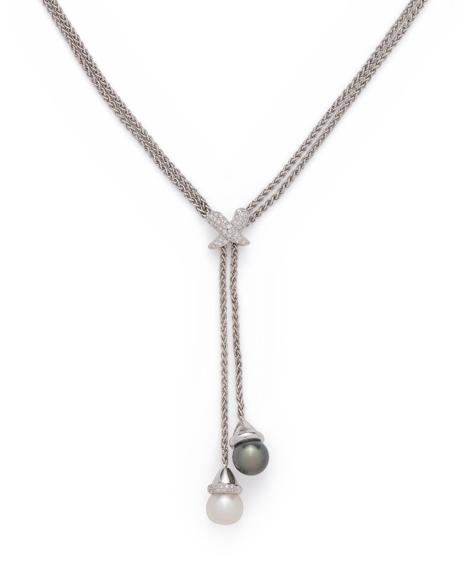 WHITE GOLD, CULTURED PEARL AND DIAMOND LARIAT NECKLACE