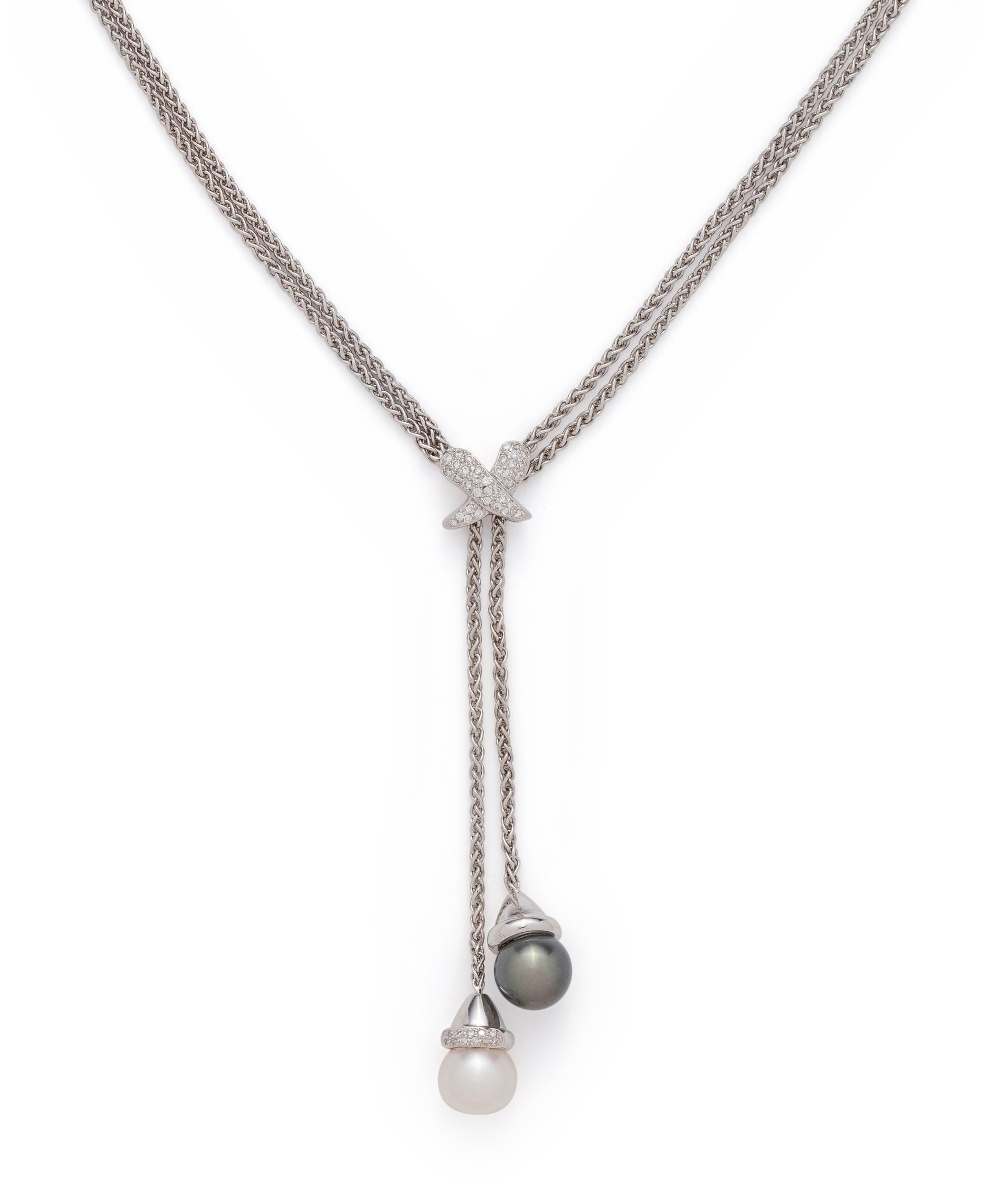 WHITE GOLD, CULTURED PEARL AND DIAMOND LARIAT NECKLACE