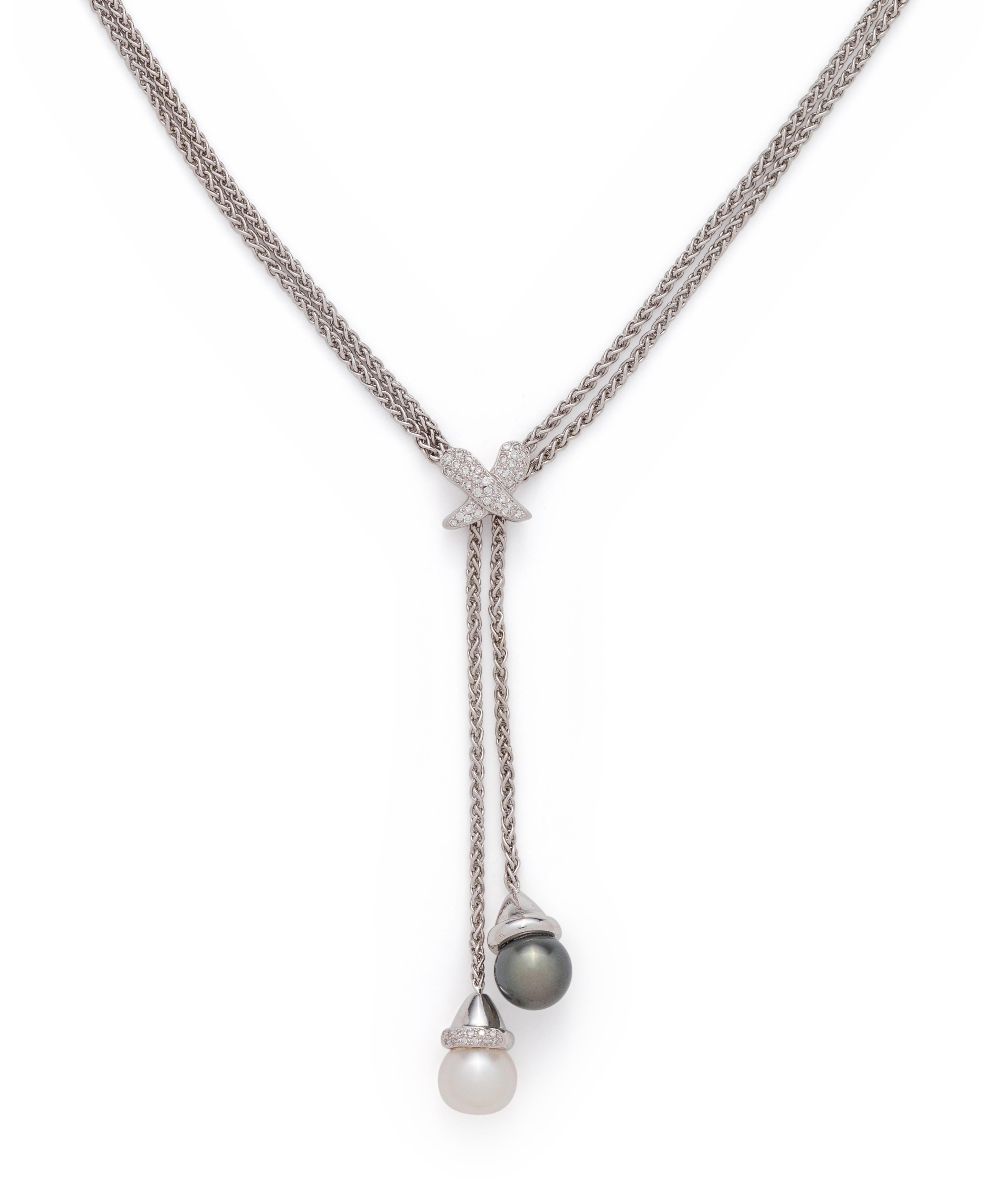 WHITE GOLD, CULTURED PEARL AND DIAMOND LARIAT NECKLACE