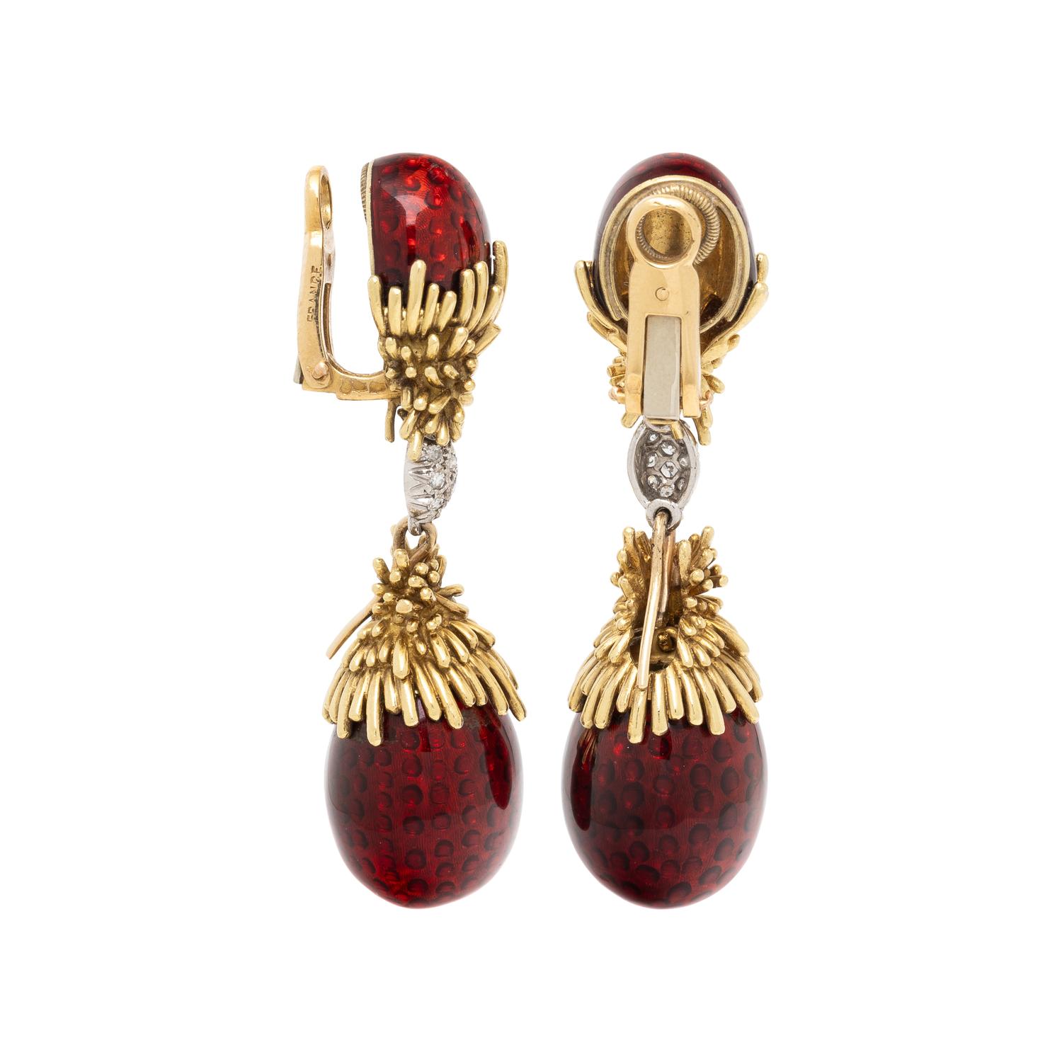 FRENCH, ENAMEL, DIAMOND, AND YELLOW GOLD CONVERTIBLE EARRINGS