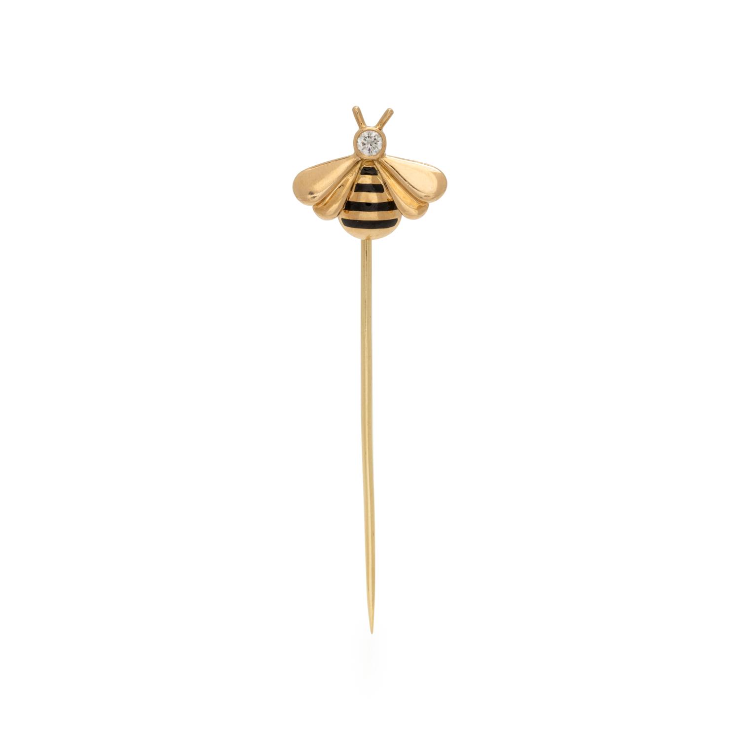 CARTIER, YELLOW GOLD, DIAMOND, AND ENAMEL BEE STICKPIN