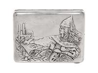 A Russian Silver Cigarette Case, Moscow, early 20th century, the case with raised decoration of Mother Russia personified with symbols