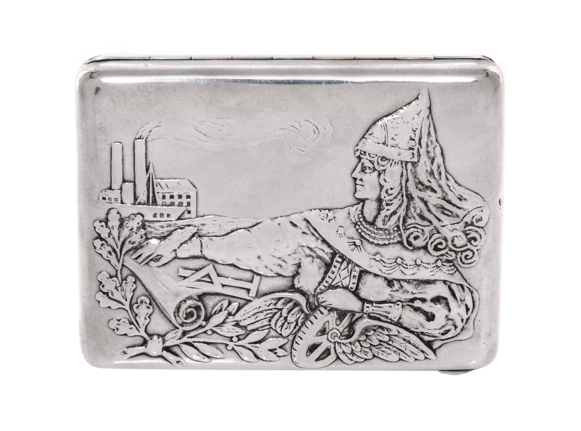 A Russian Silver Cigarette Case, Moscow, early 20th century, the case with raised decoration of Mother Russia personified with symbols