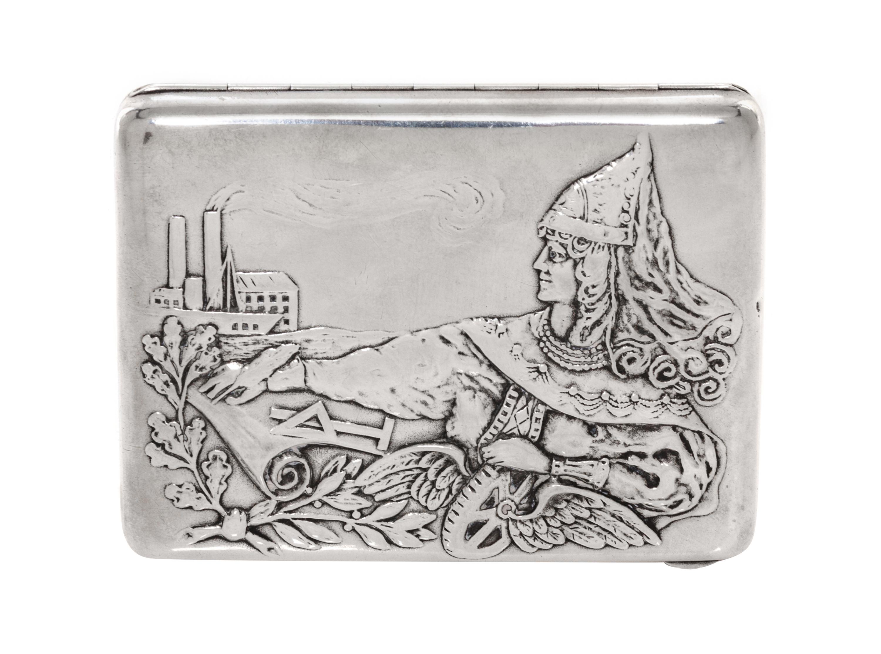 A Russian Silver Cigarette Case, Moscow, early 20th century, the case with raised decoration of Mother Russia personified with symbols