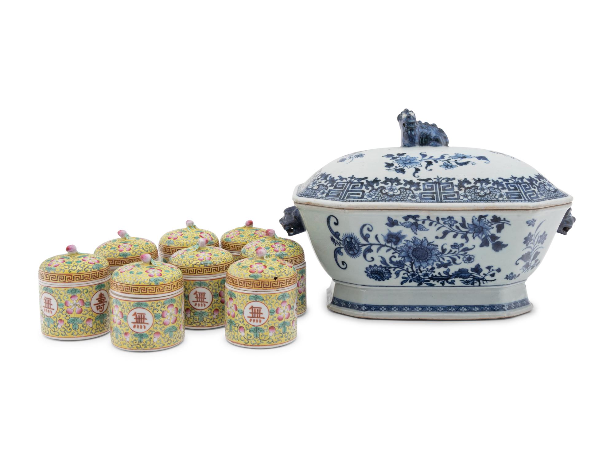 Eight Chinese Famille Jaune Porcelain Covered Jars and A Chinese Export Blue and White Porcelain Covered Tureen