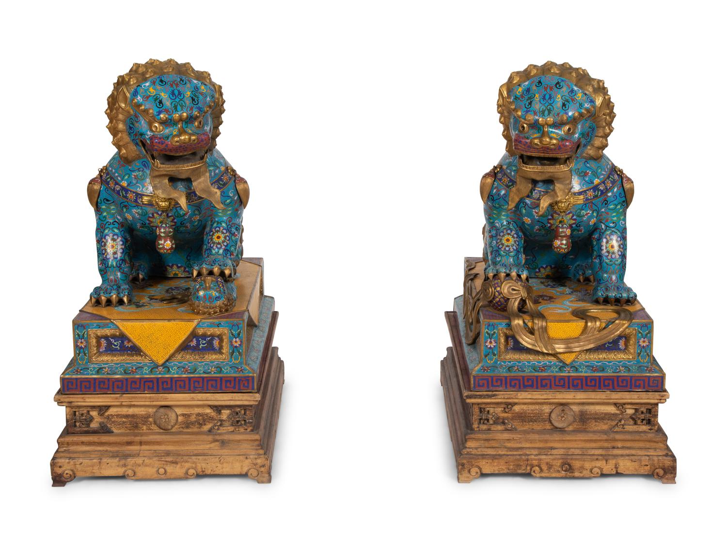 A Pair of Large Chinese Cloisonné Guardian Lions