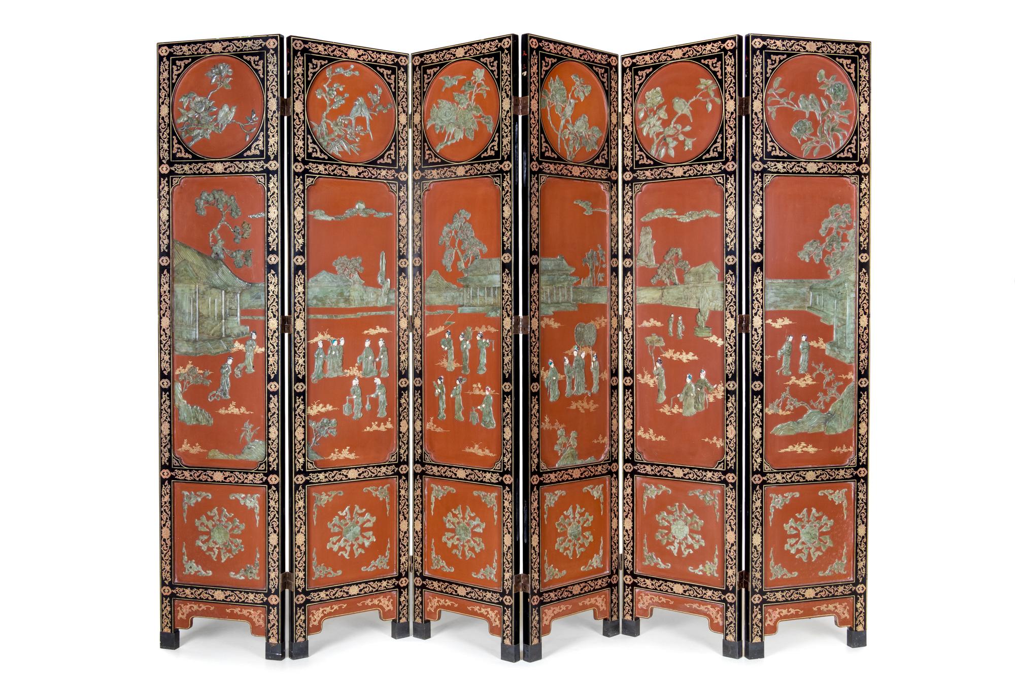 A Hardstone Inset Red and Black Lacquered Floor Screen, 20th Century 近代 朱漆嵌玉六扇屏