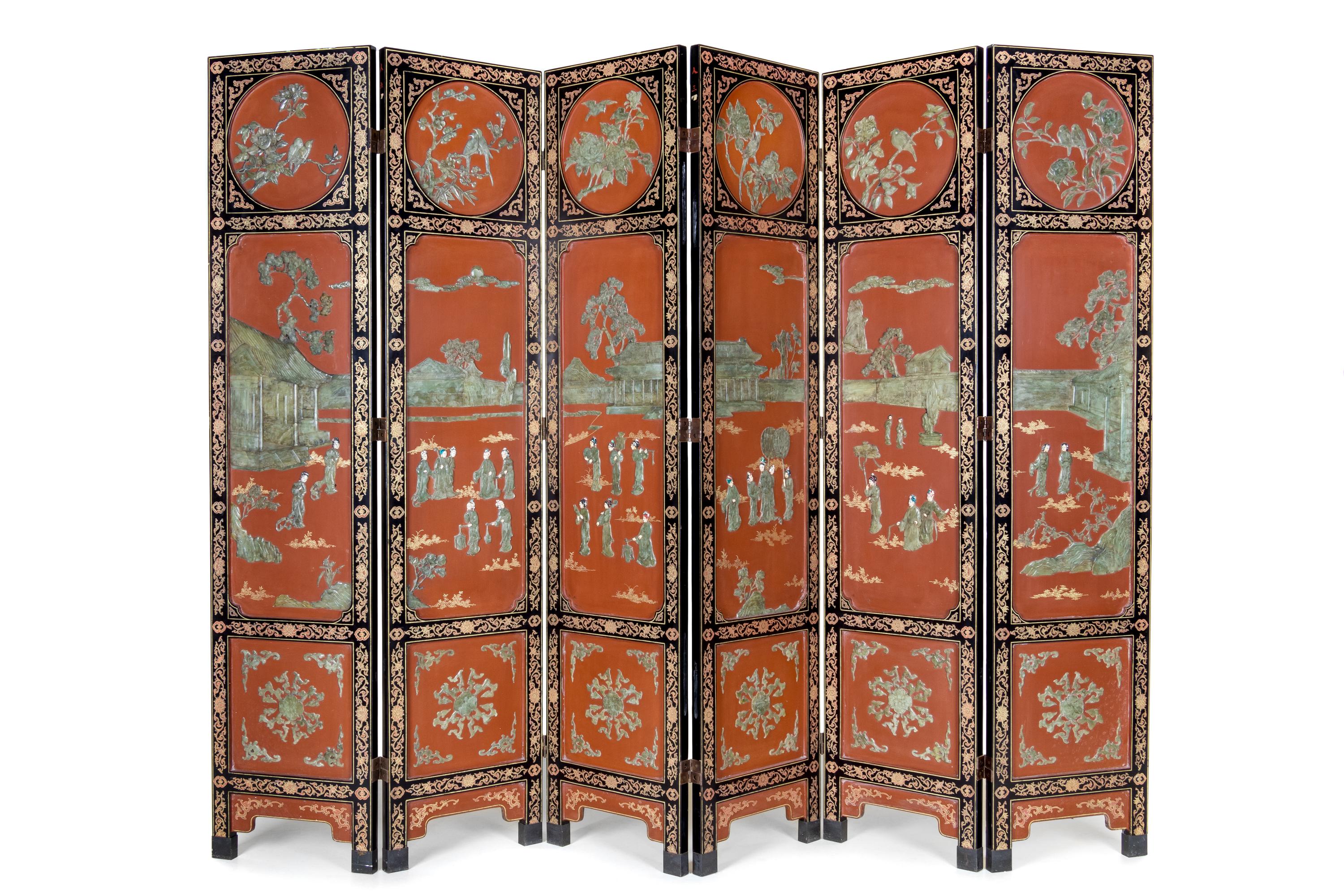 A Hardstone Inset Red and Black Lacquered Floor Screen, 20th Century 近代 朱漆嵌玉六扇屏